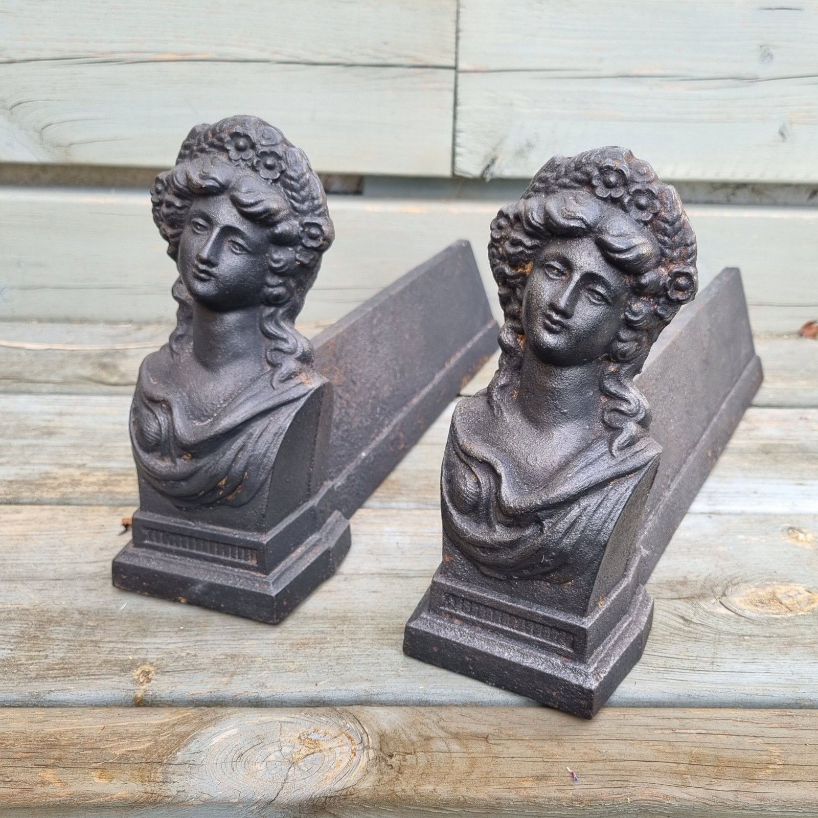 Vintage Pair Cast Iron French Figural Women Lady Bust Andirons Fire Dogs