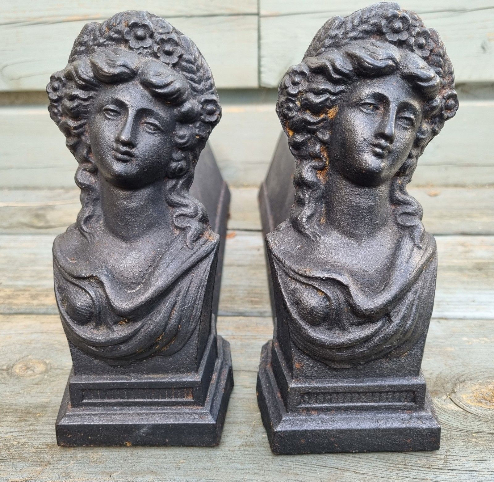 Vintage Pair Cast Iron French Figural Women Lady Bust Andirons Fire Dogs photo for sale