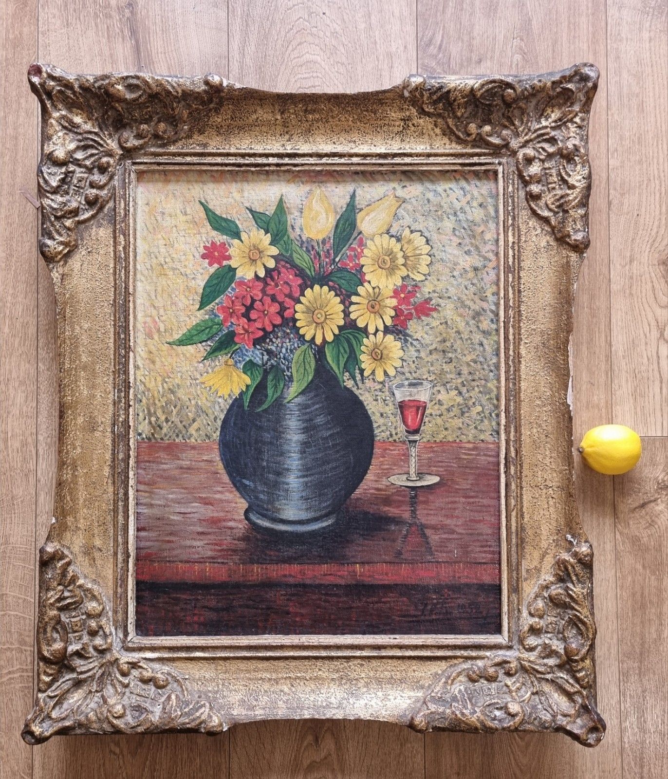 Large Vintage Mid Century Oil Canvas Still Life Flowers Ornate Frame Signed 1952