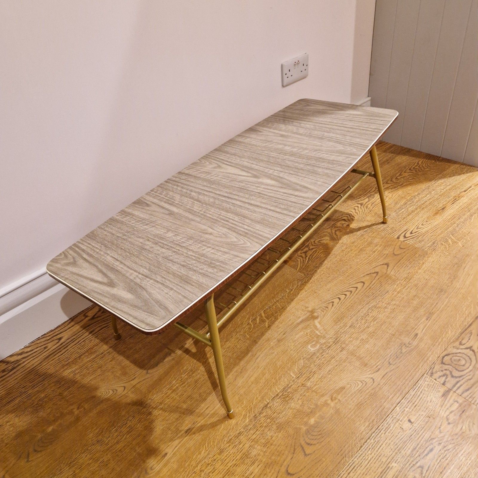 Restored Mid Century Modern Coffee Table | Gold Metal Legs & Melamine Top photo for sale