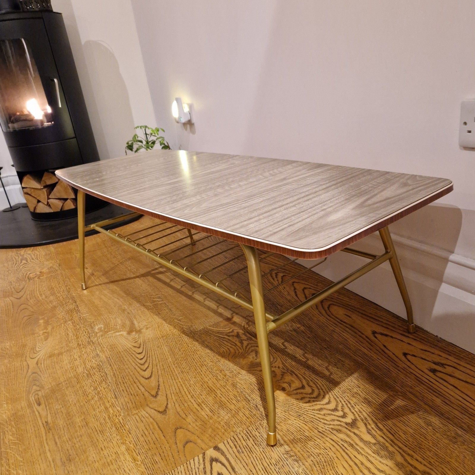 Restored Mid Century Modern Coffee Table | Gold Metal Legs & Melamine Top photo 150.0