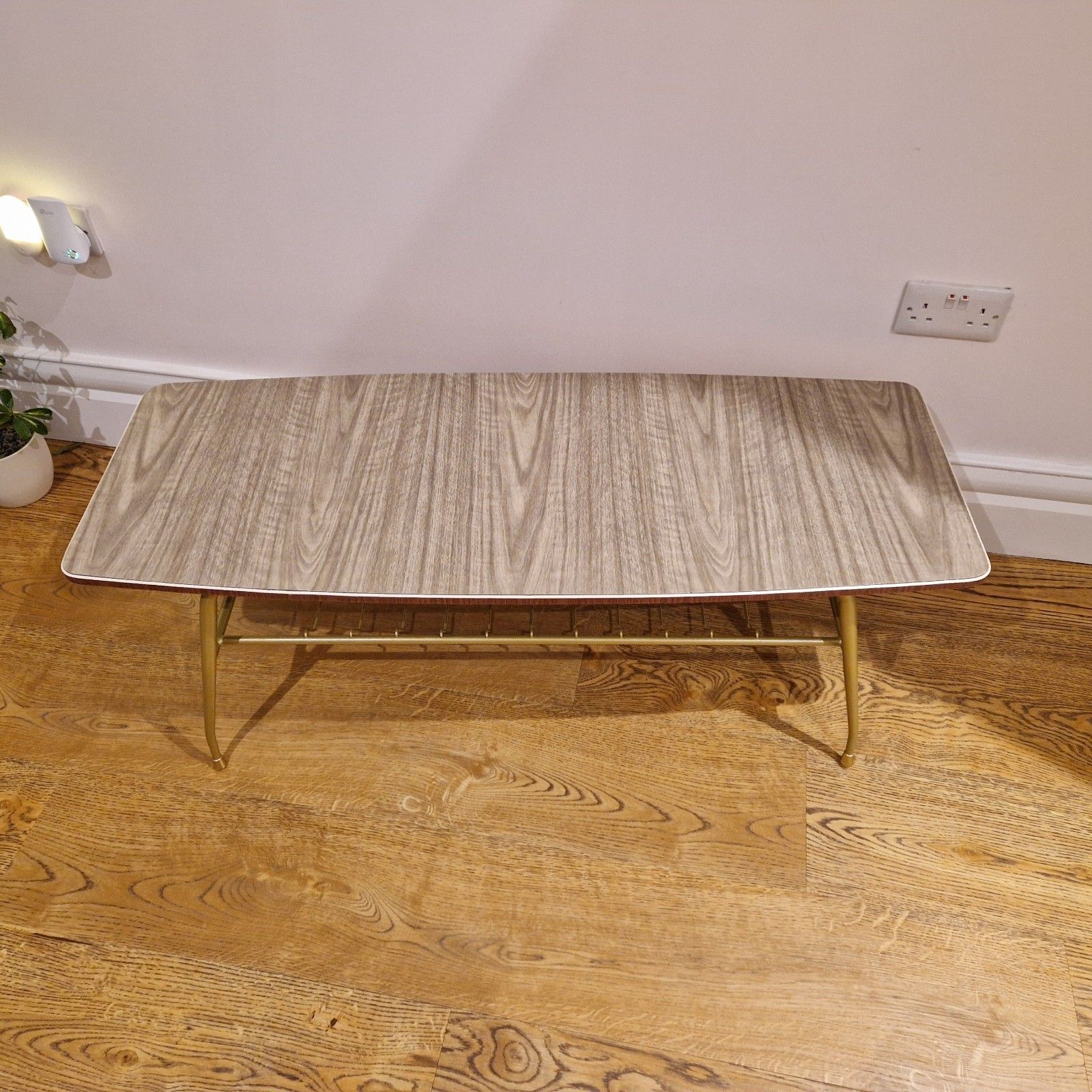Restored Mid Century Modern Coffee Table | Gold Metal Legs & Melamine Top photo vinterior
