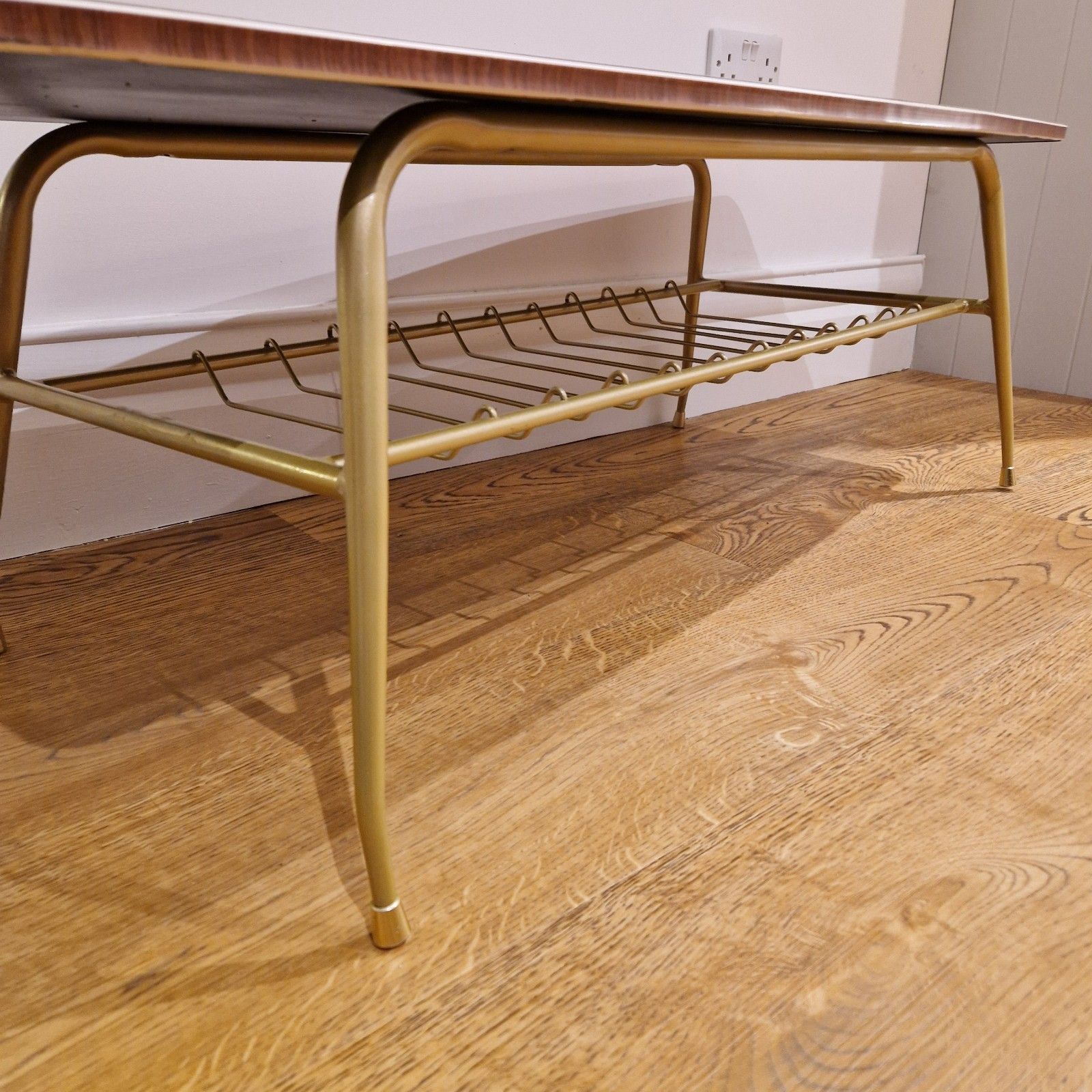 Restored Mid Century Modern Coffee Table | Gold Metal Legs & Melamine Top photo vintage