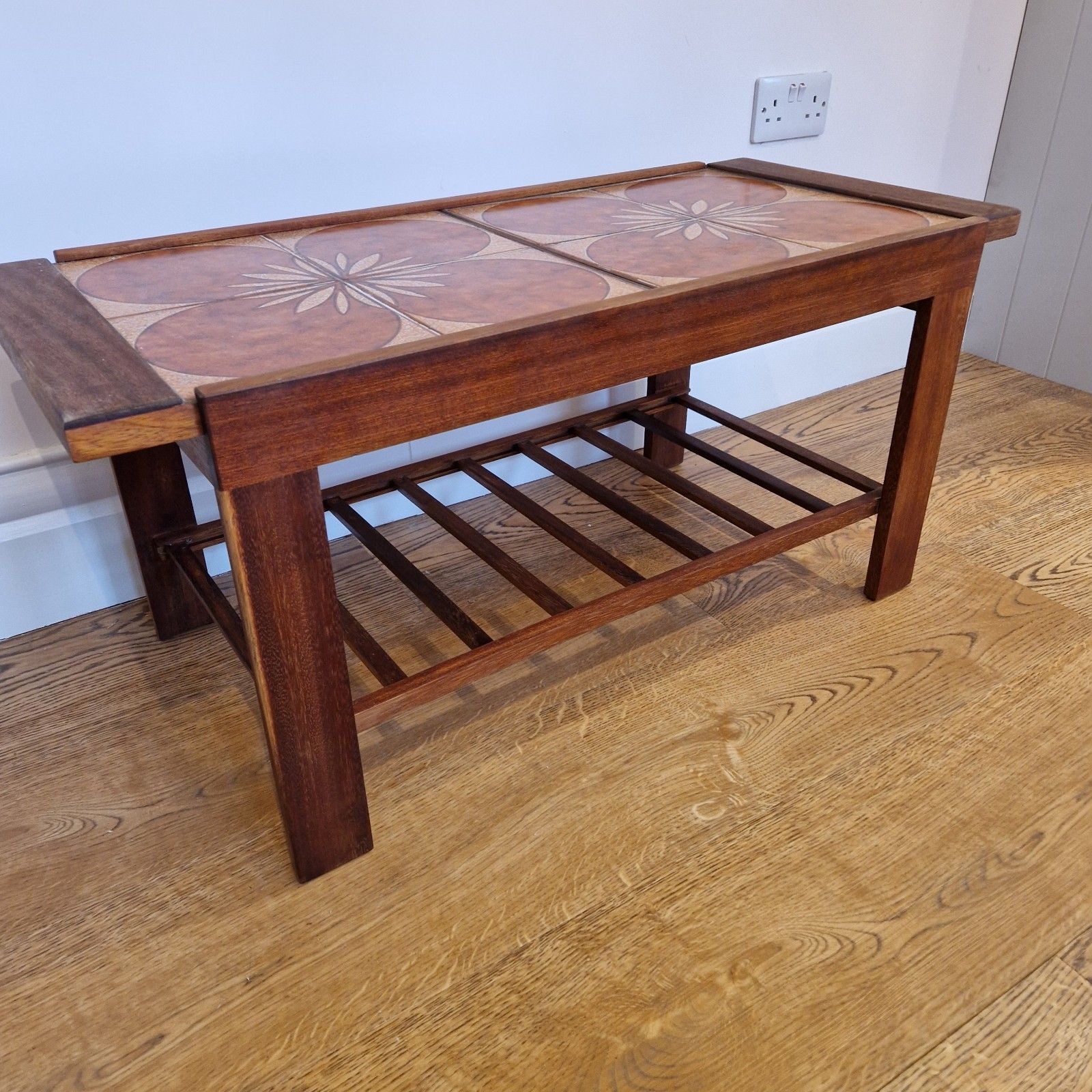 Mid Century Coffee Table – Teak Wood Floral Ceramic Tile Design & Lower Shelf photo vinterior