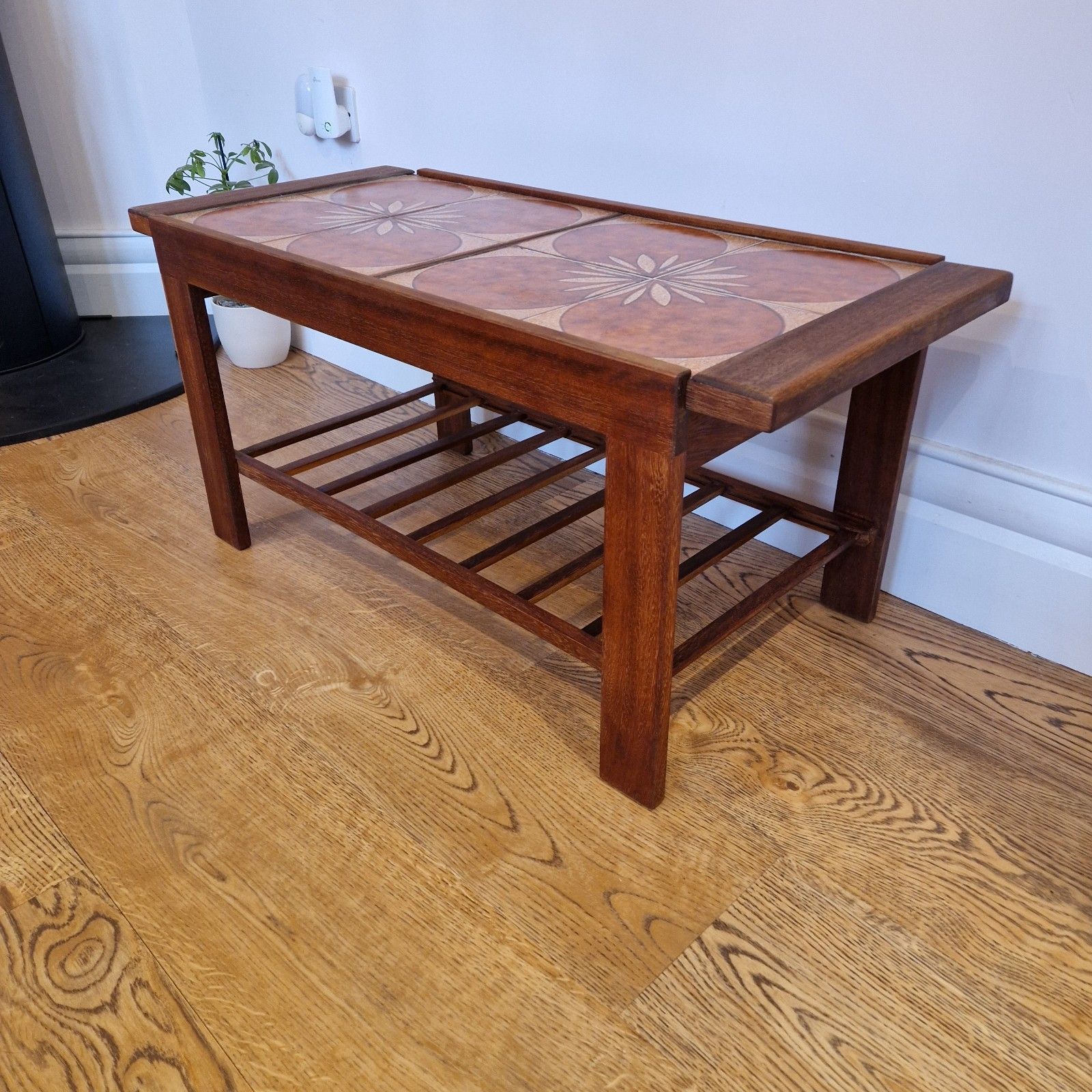 Mid Century Coffee Table – Teak Wood Floral Ceramic Tile Design & Lower Shelf photo buy