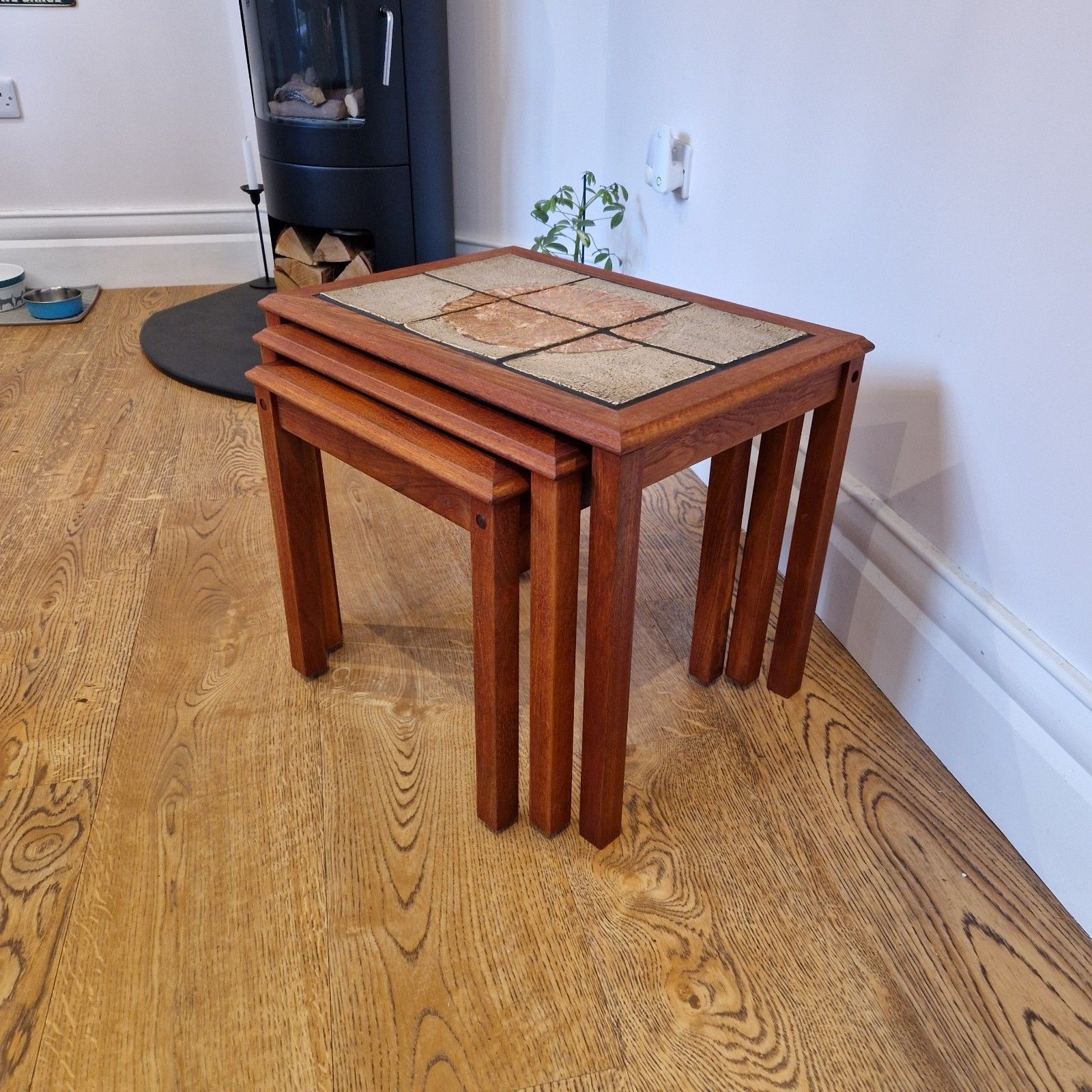 Mid Century Modern Trioh Nest Of Tables Teak With Mosaic Sunburst Top Danish photo Furniture