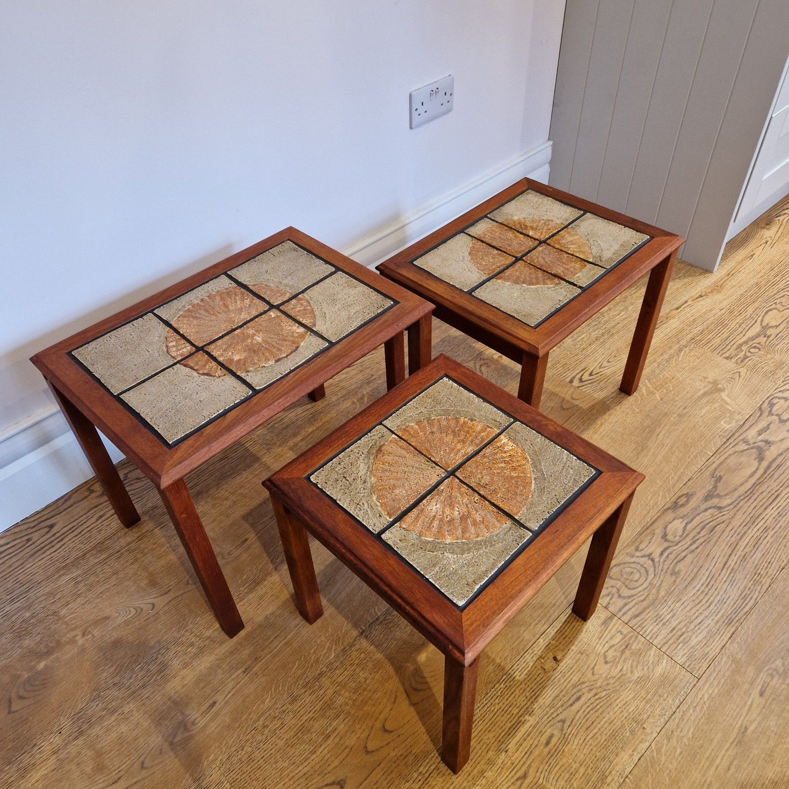 Mid Century Modern Trioh Nest Of Tables Teak With Mosaic Sunburst Top Danish photo 220.0