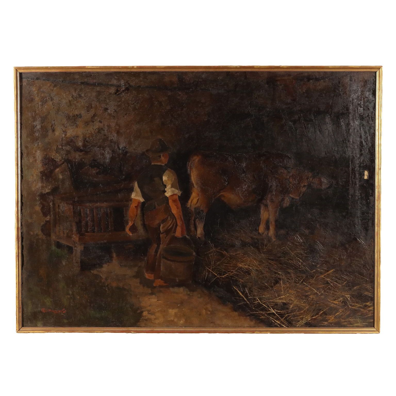 Ancient Painting G. Sottocornola '800 Interior Of A Stable Canvas photo furniture
