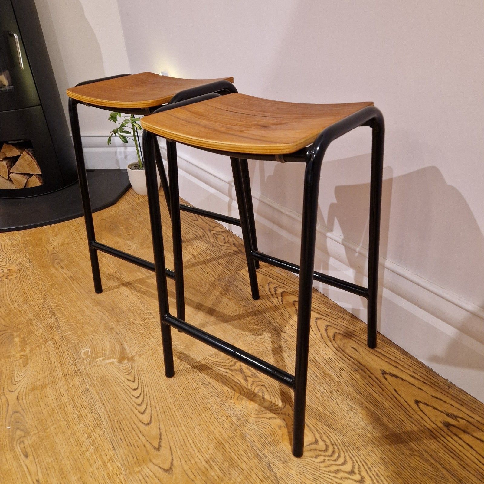 Vintage Restored Classroom Stools, Set Of 2, Industrial Metal & Wood photo Furniture