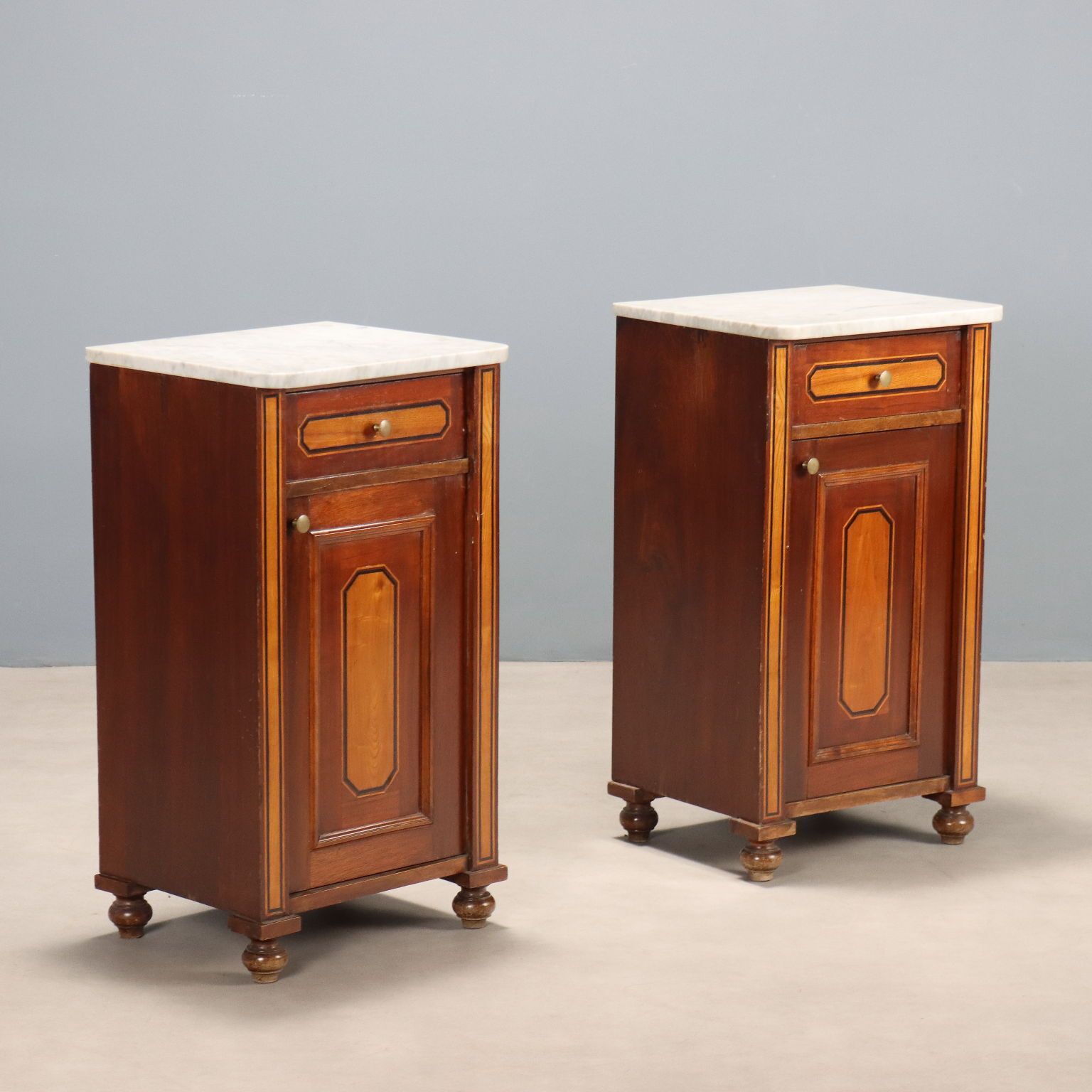 Antique Bedside Table Mahoganu Veneer White Marble XX Century