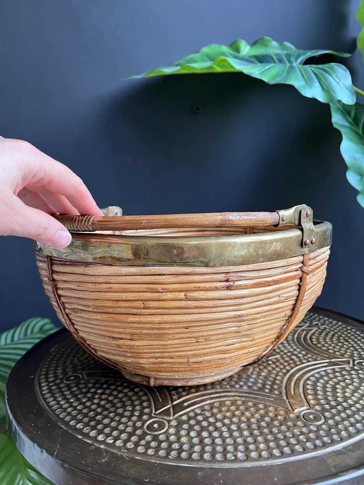 Vintage 1960s Pencil Reed And Brass Basket, Gabriella Crespi Style Decor photo Home Decor