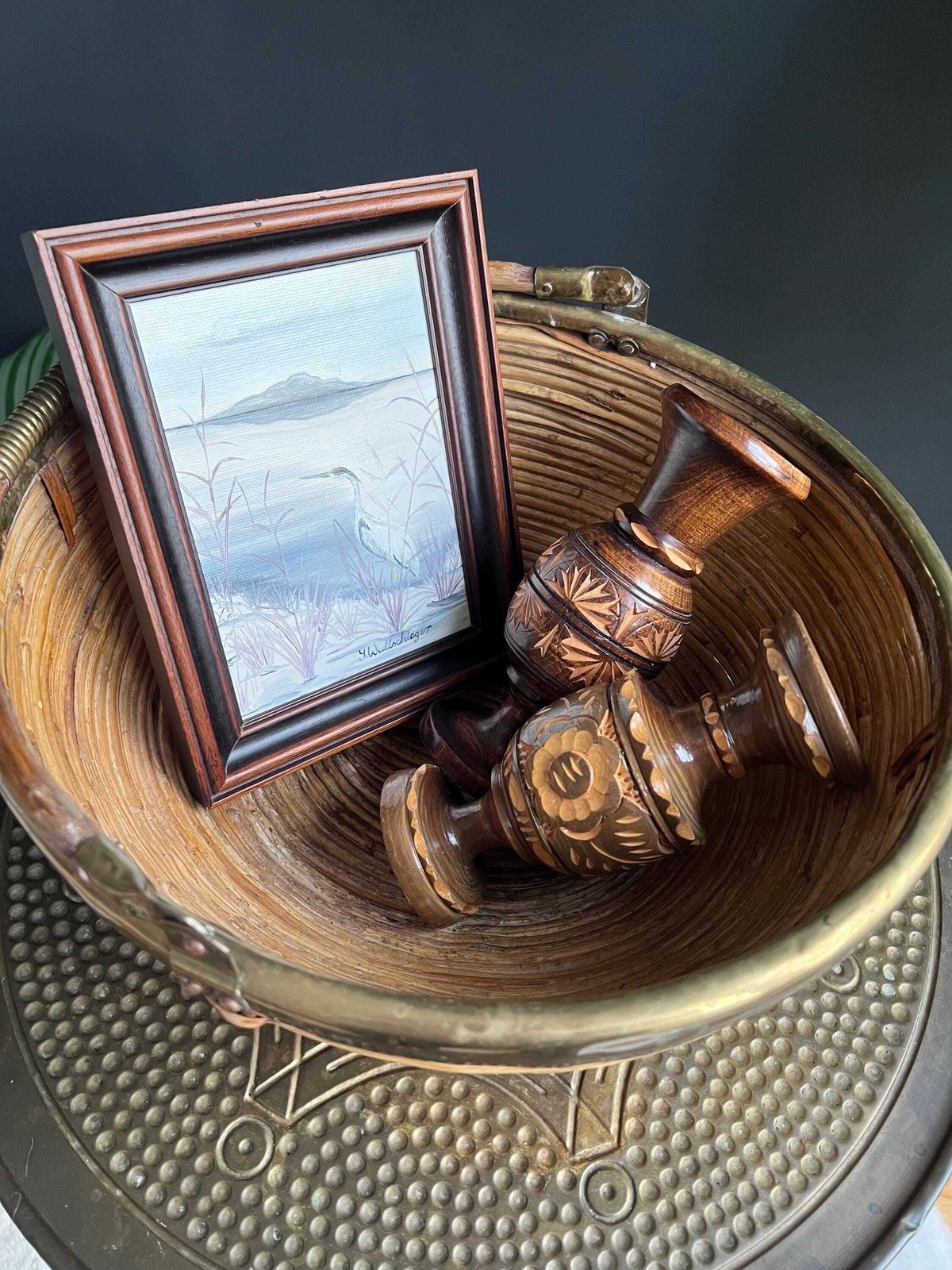 photo furniture Vintage 1960s Pencil Reed And Brass Basket, Gabriella Crespi Style Decor