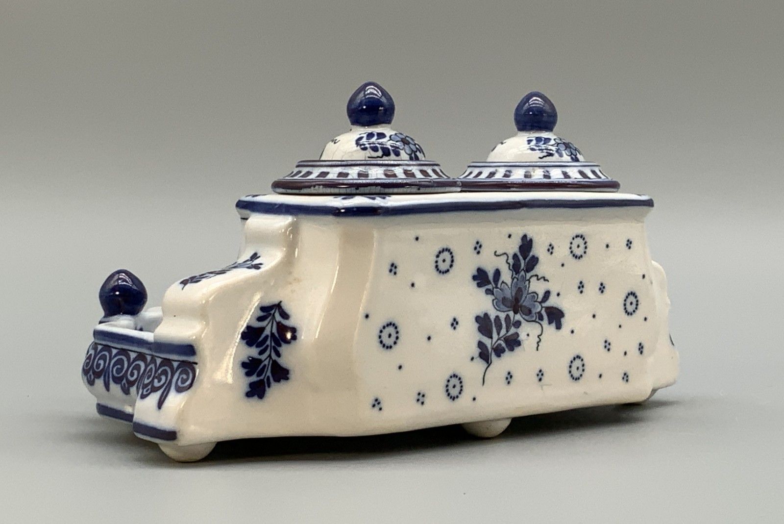 Dutch Delft Desktop Inkwell Stand Blue And White Faience Late 19th Century photo vintage