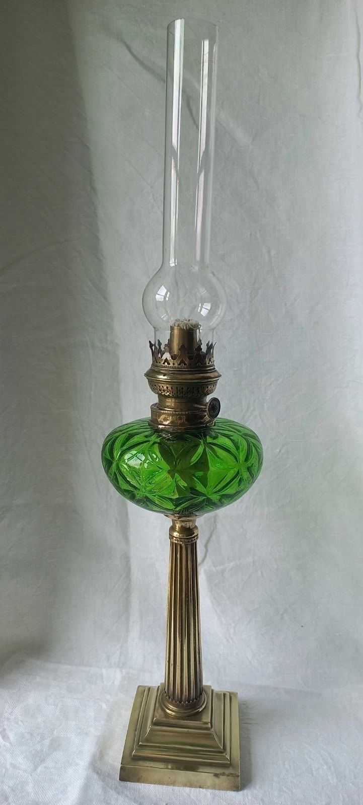 Vintage French Solid Brass / Green Glass Oil Lamp With Wick
