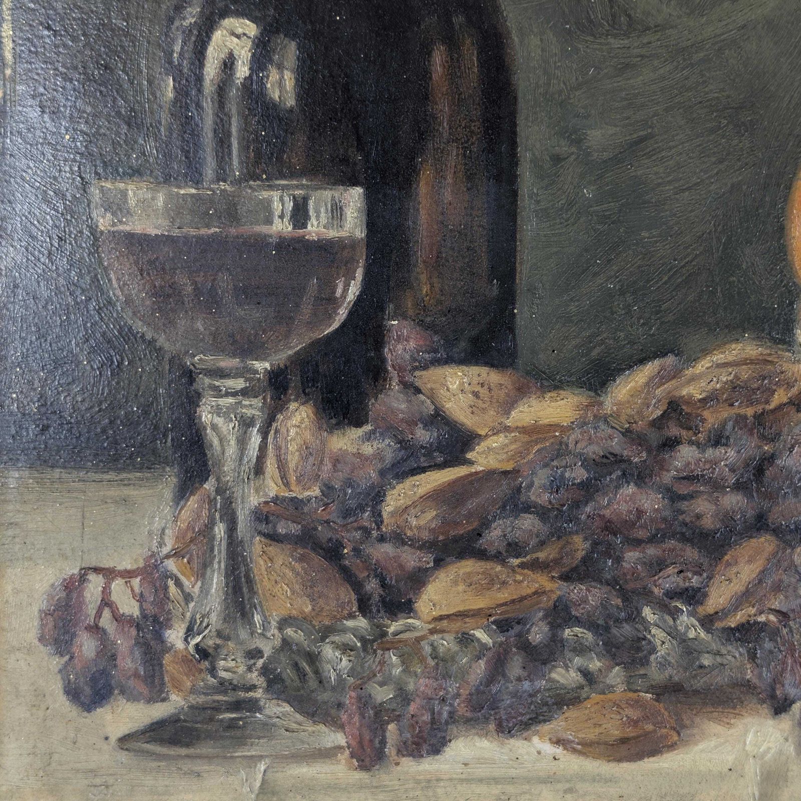 photo furniture Antique 1910 Oil Painting Still Life, Dark Moody Fruit And Wine Art On Board, Signed A. Verheughe, Unframed Rustic Kitchen Decor