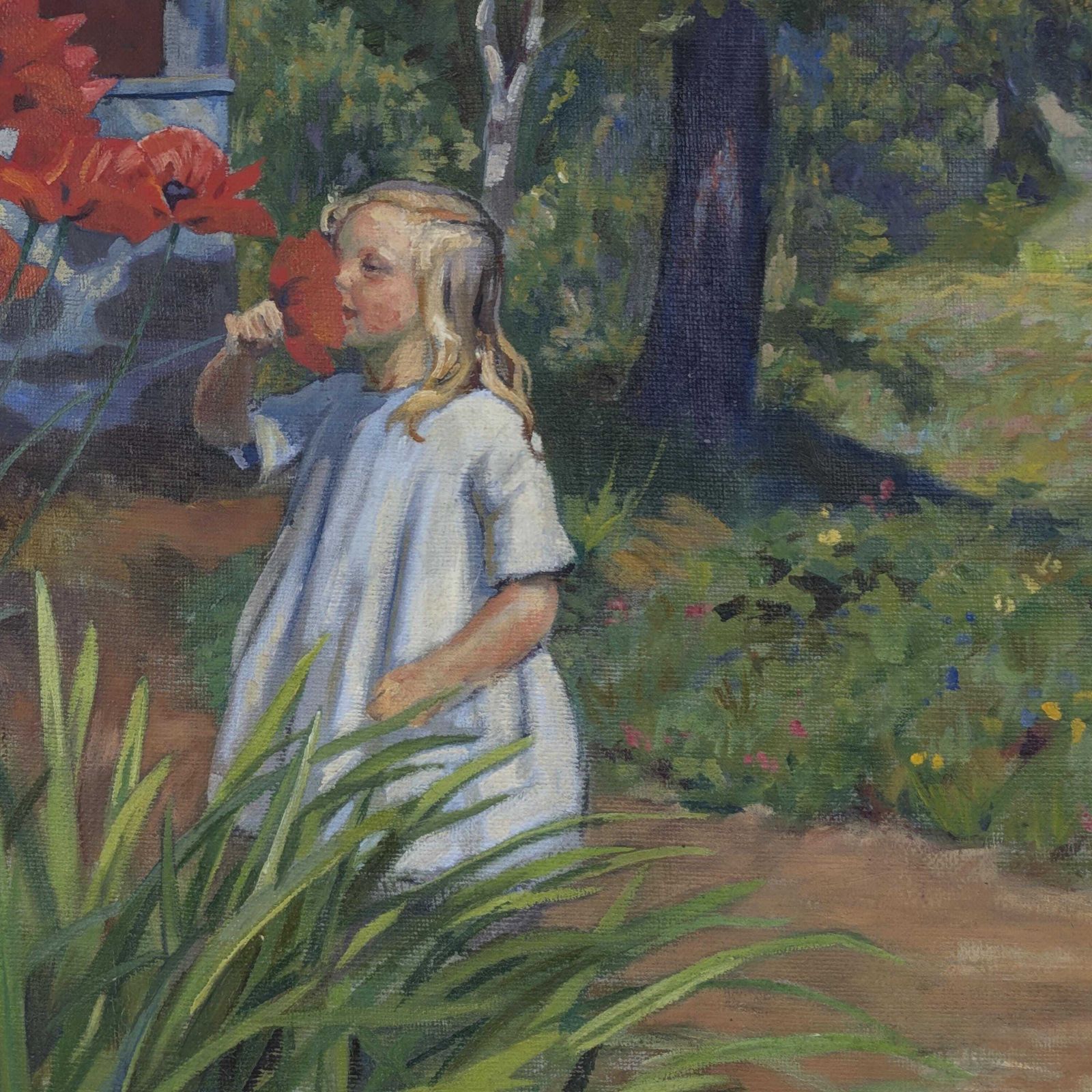 Einar Bager Oil Painting, Swedish Art 1923, Framed Antique Garden Scene, Red Poppies Canvas, Early 20th Century Signed Artwork photo for sale
