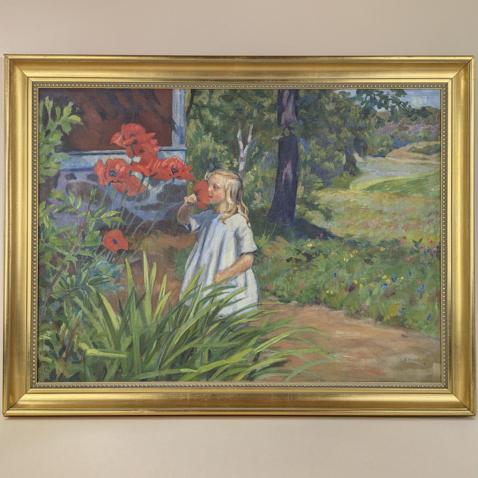 photo furniture Einar Bager Oil Painting, Swedish Art 1923, Framed Antique Garden Scene, Red Poppies Canvas, Early 20th Century Signed Artwork