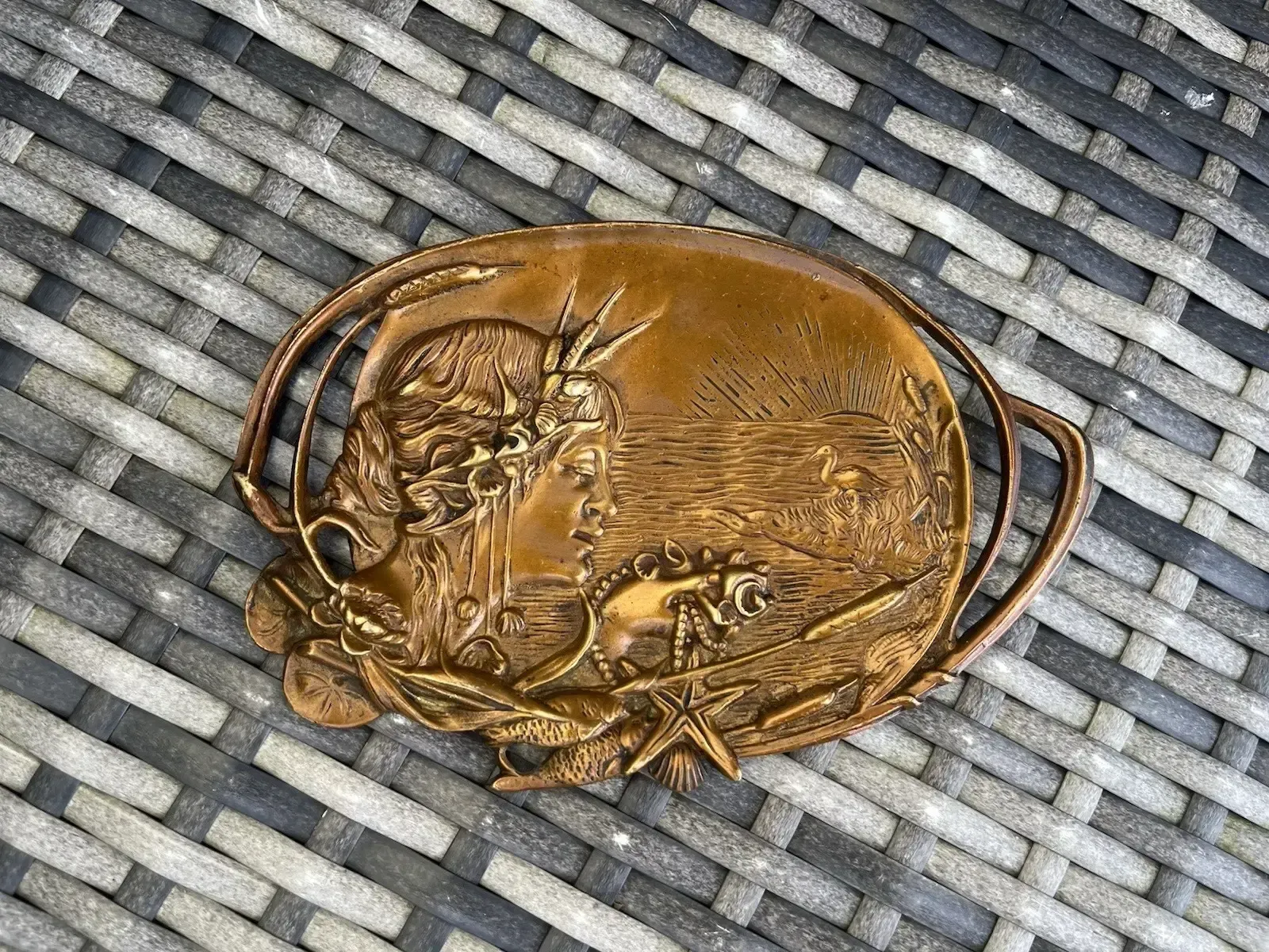 Antique French Art Nouveau Sea Nymph Shells Gilt Bronze Trinket Dish Card Tray