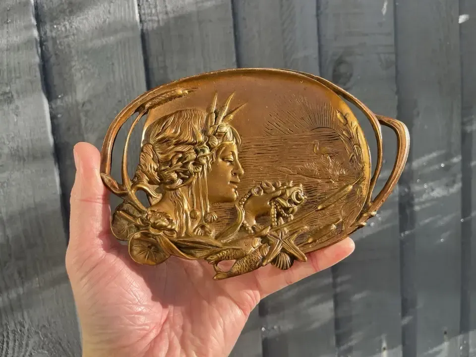 Antique French Art Nouveau Sea Nymph Shells Gilt Bronze Trinket Dish Card Tray photo vinterior
