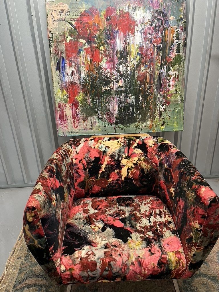 Mid Century Club Chair Reupholstered In Velvet Print By Artist Bogdan Mihai Radui photo Furniture