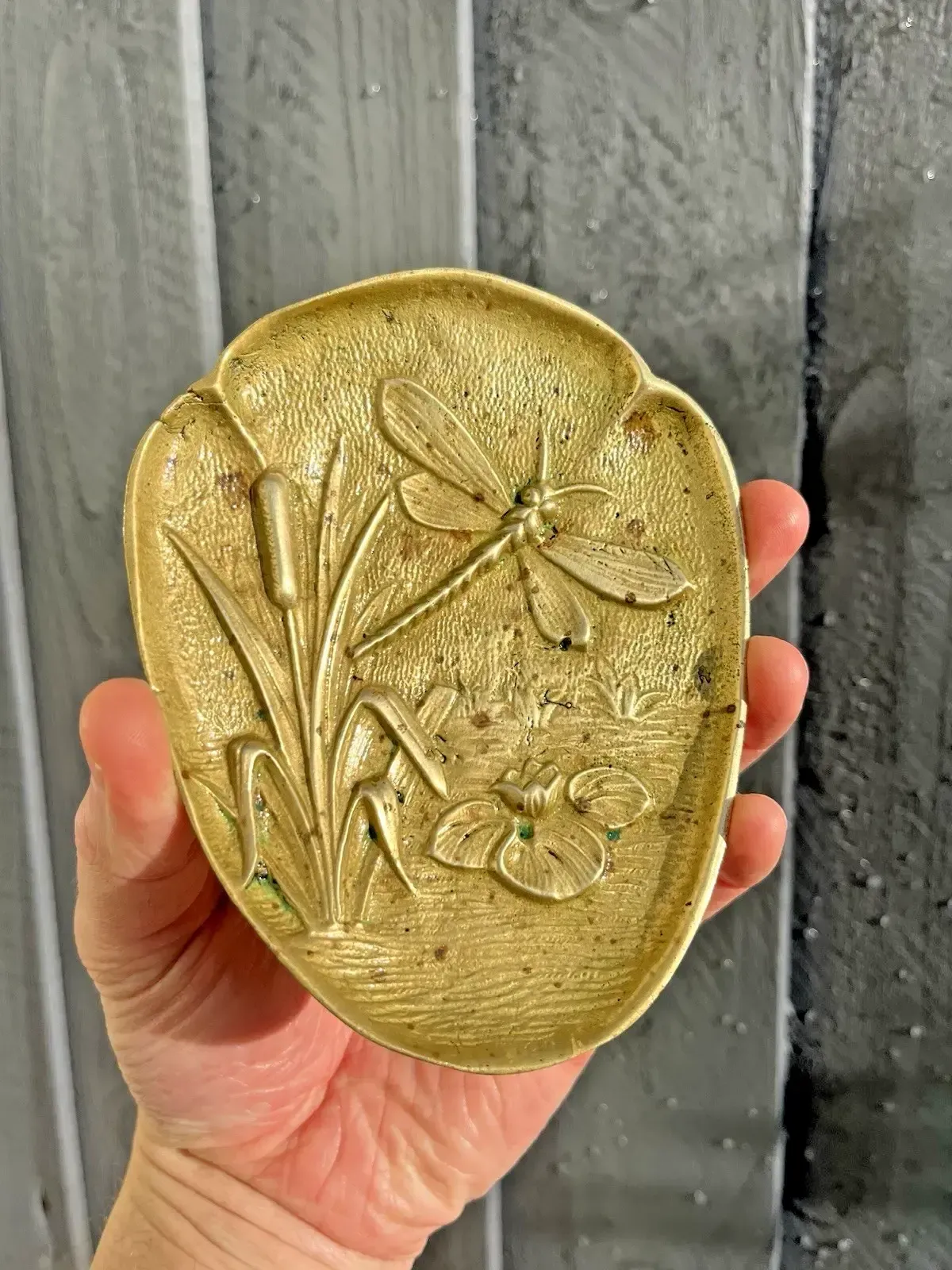 Antique French Art Nouveau Brass Bronze Trinket Dish Dragonfly Lilypad Cattails