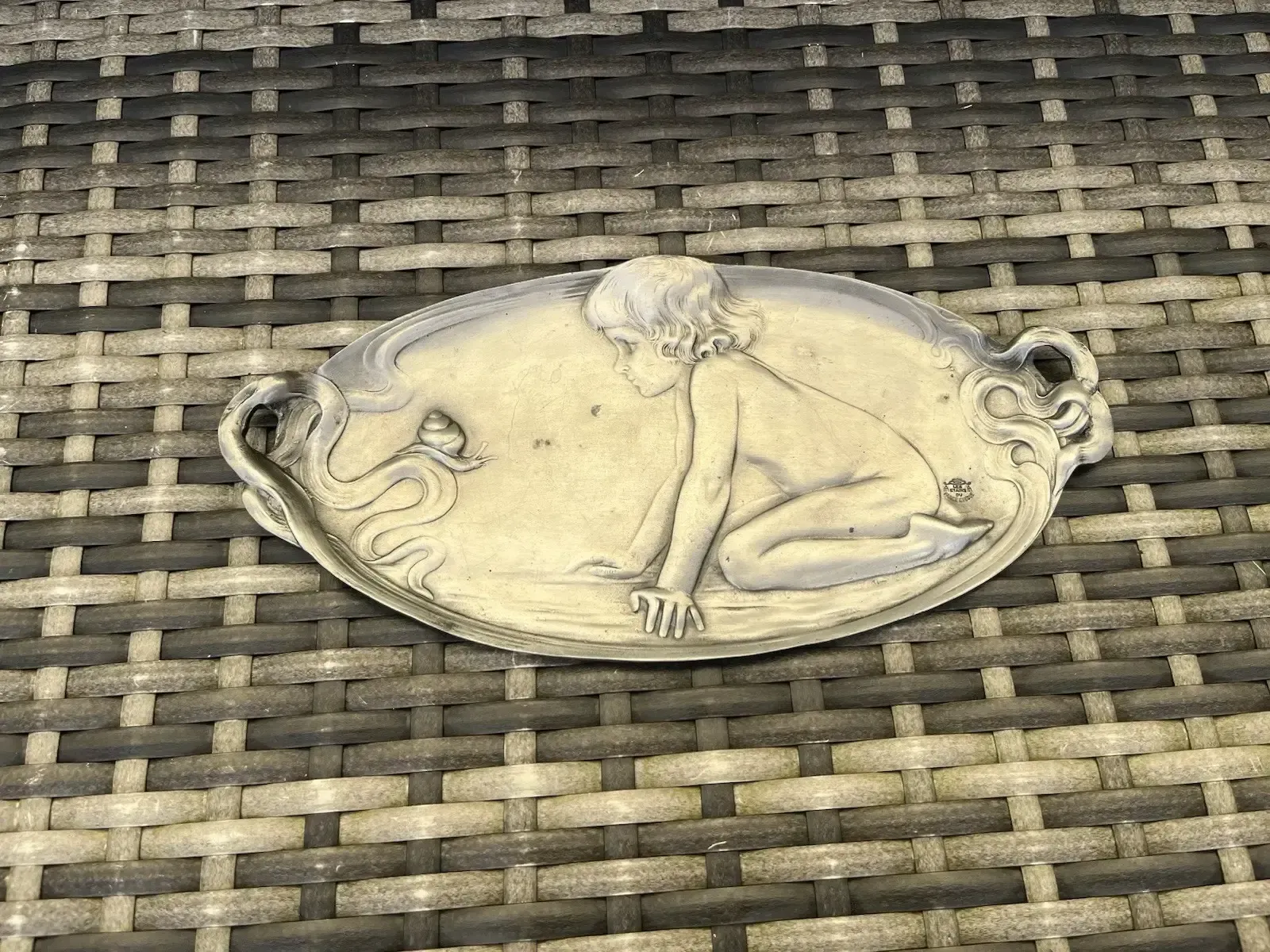 Vintage Art Nouveau Style Child & Snail Pewter Card Tray After Original By Wmf photo vintage