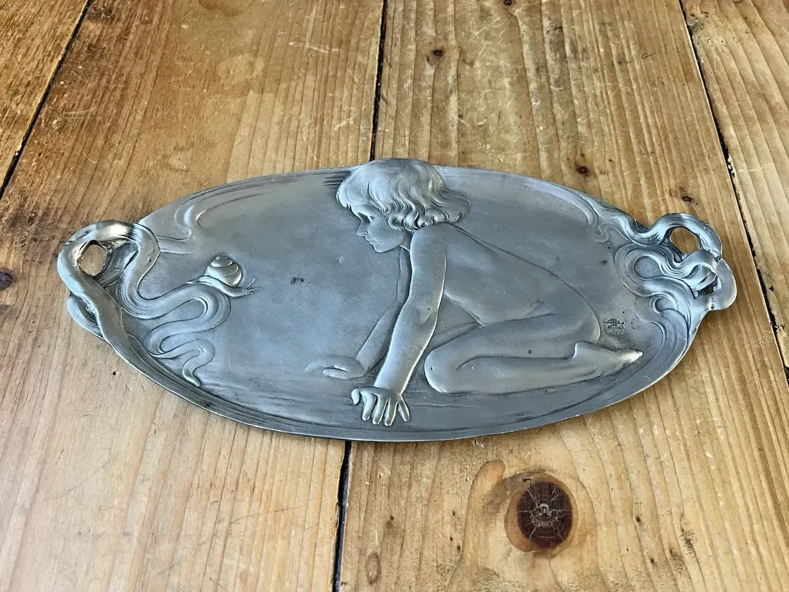 Home Decor Vintage Art Nouveau Style Child & Snail Pewter Card Tray After Original By Wmf photo
