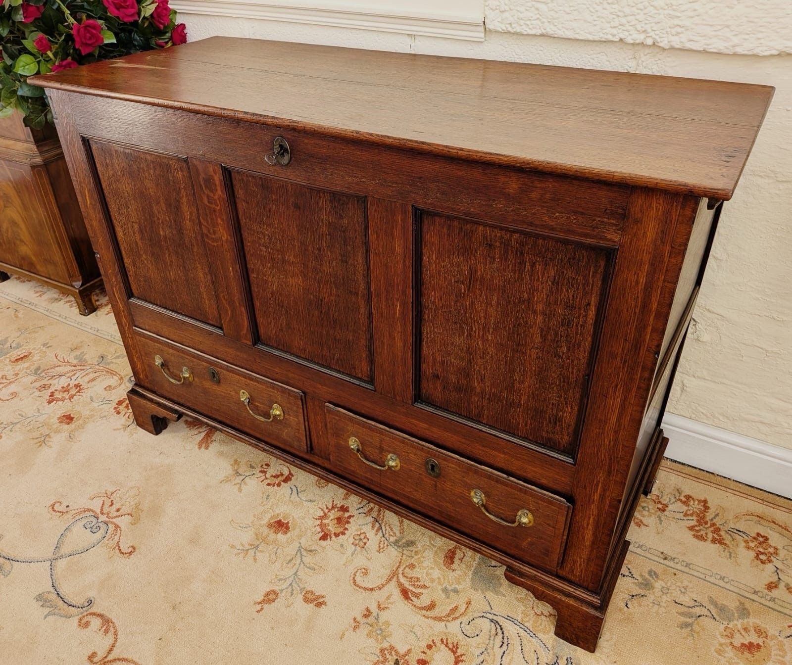 Early 19th Century Solid Oak Mule Chest W/ Cross Banded Drawers photo furniture