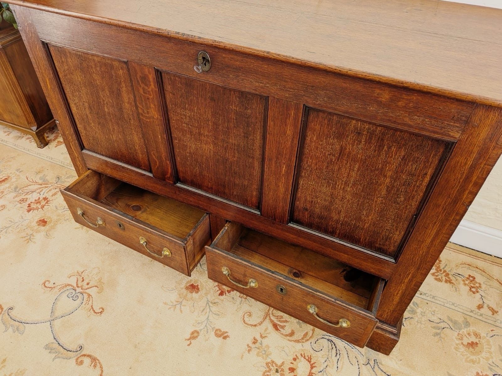 Early 19th Century Solid Oak Mule Chest W/ Cross Banded Drawers photo vintage