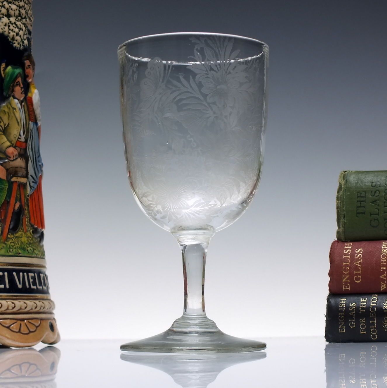 Victorian Acid Etched Glass Wine Goblet C1880   Butterflies And Flowers