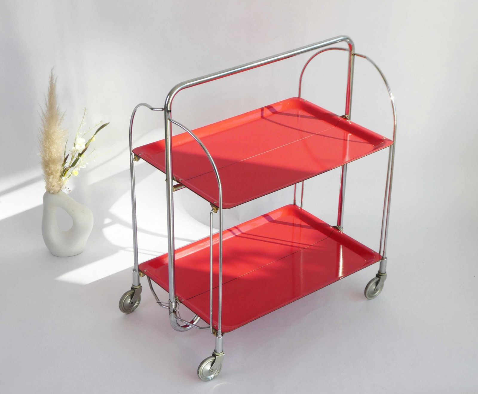 Iconic Red Mid Century Foldable Bar Cart, Rare Vintage Dinett Serving Trolley With Chrome Metal Design, Tea Cart Entertainment Trolley