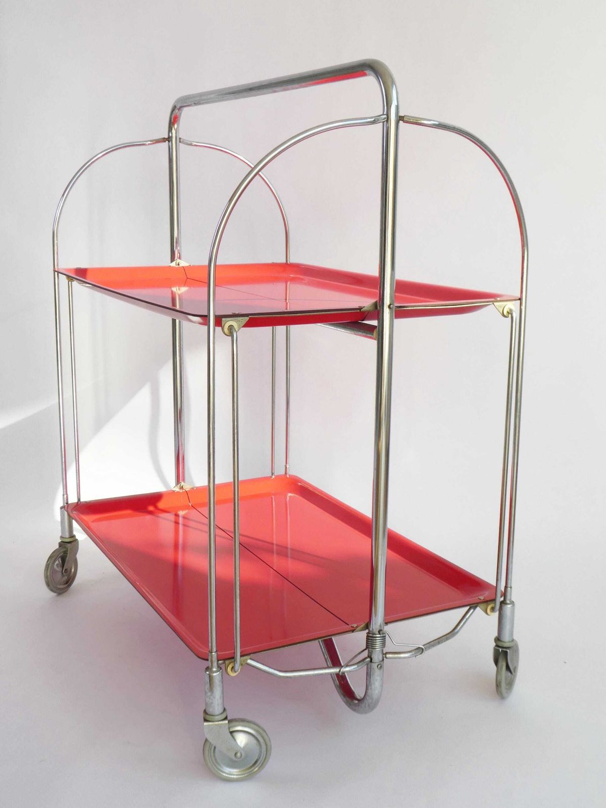 Iconic Red Mid Century Foldable Bar Cart, Rare Vintage Dinett Serving Trolley With Chrome Metal Design, Tea Cart Entertainment Trolley photo 406.0