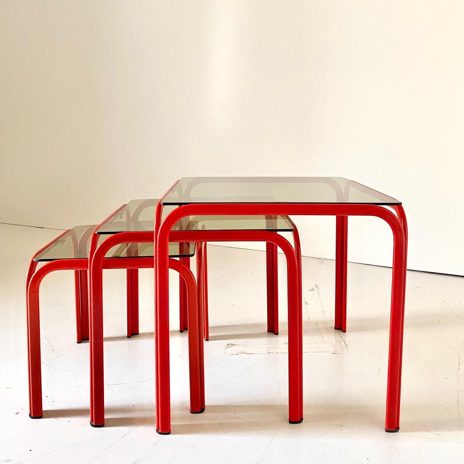 1970s Vintage Italian Nesting Tables With Red Iron Frame & Smoked Glass photo furniture