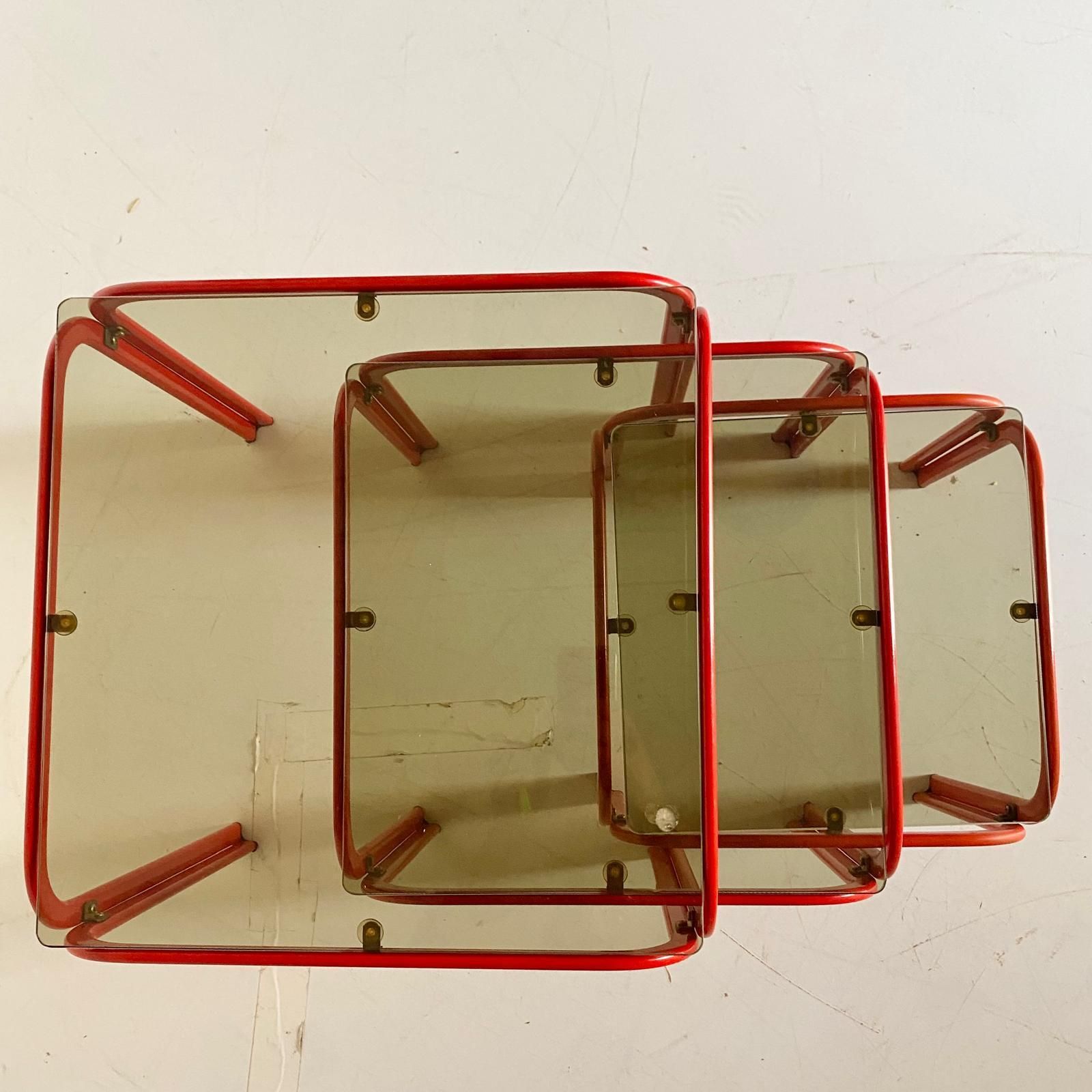 1970s Vintage Italian Nesting Tables With Red Iron Frame & Smoked Glass photo Furniture