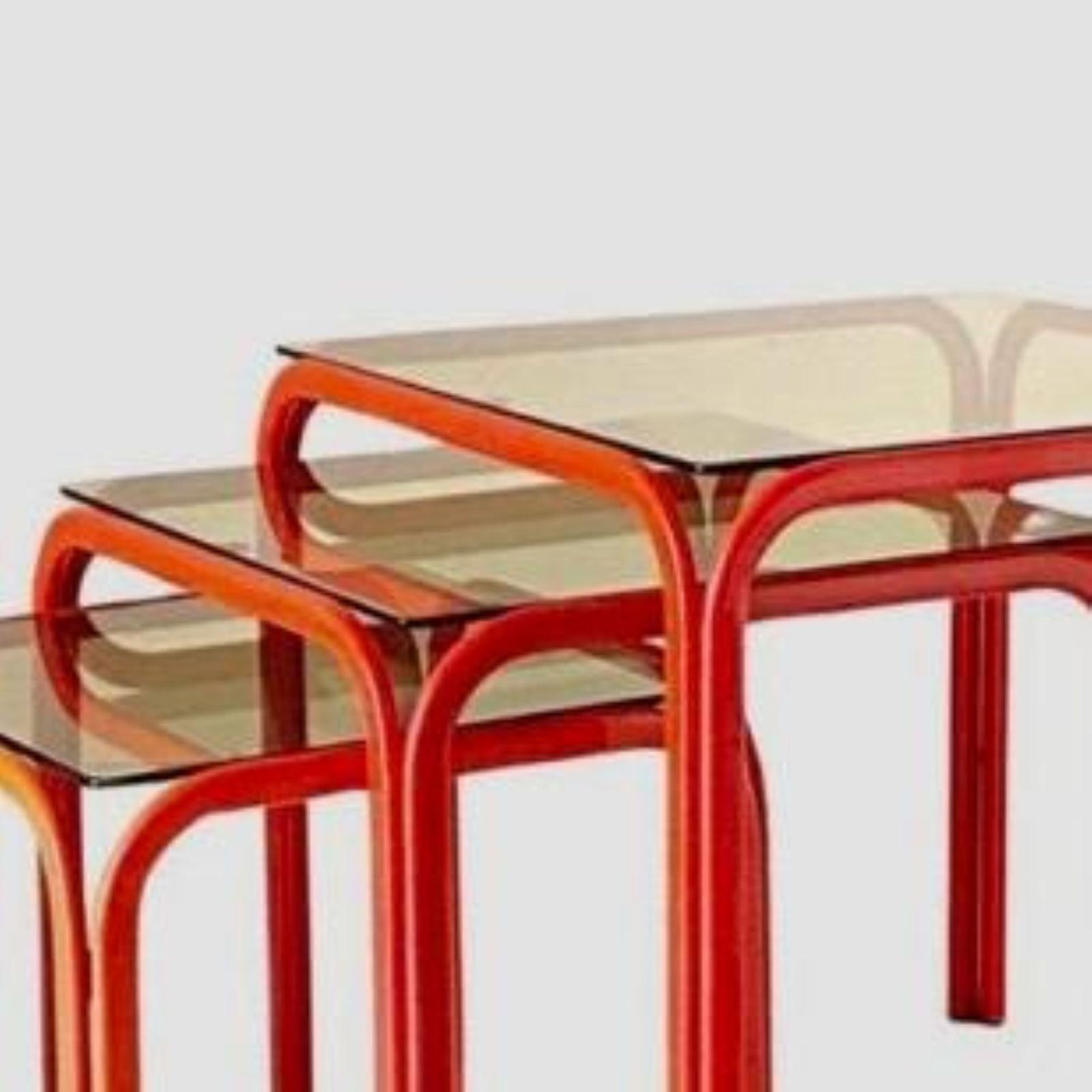 1970s Vintage Italian Nesting Tables With Red Iron Frame & Smoked Glass photo vinterior