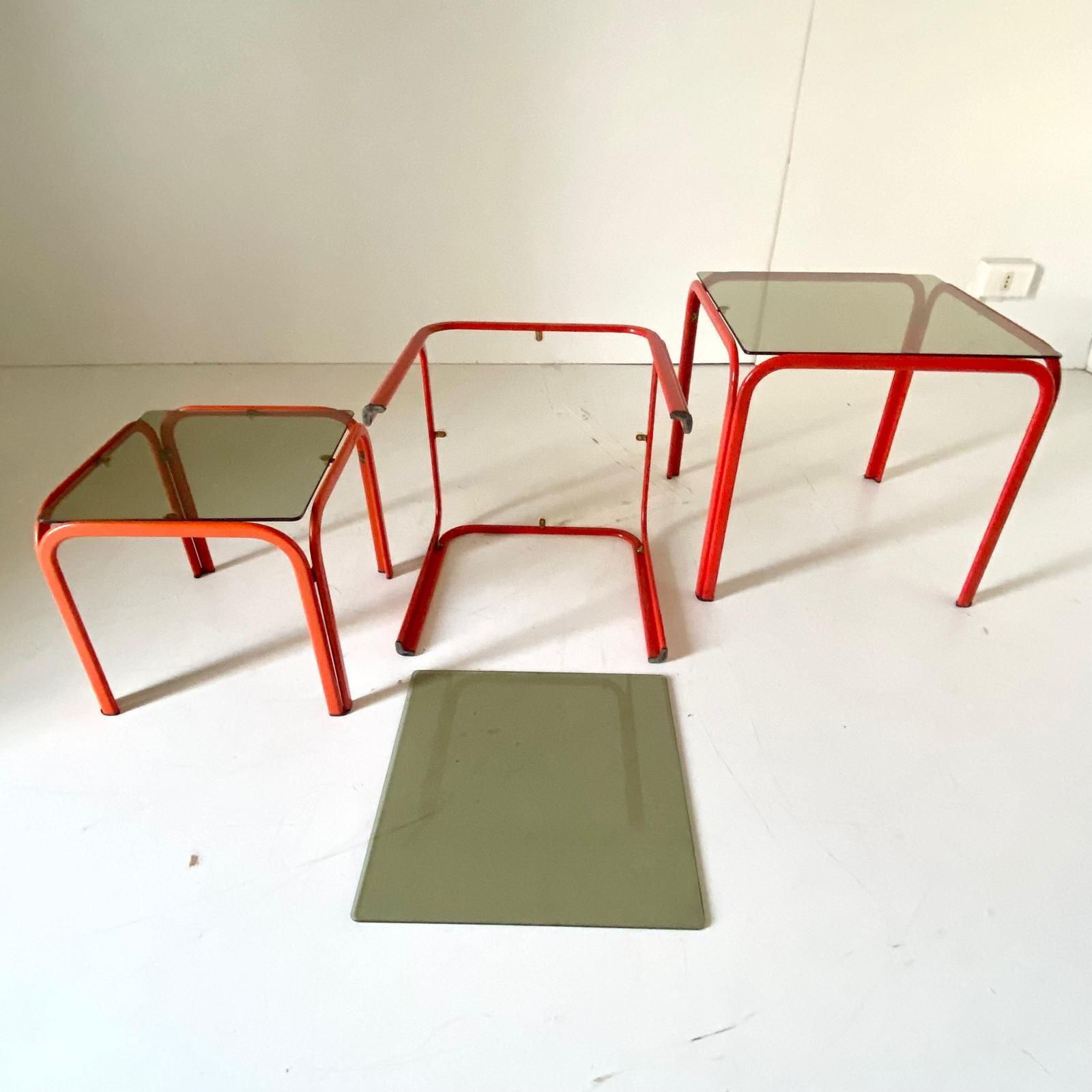 1970s Vintage Italian Nesting Tables With Red Iron Frame & Smoked Glass photo vintage
