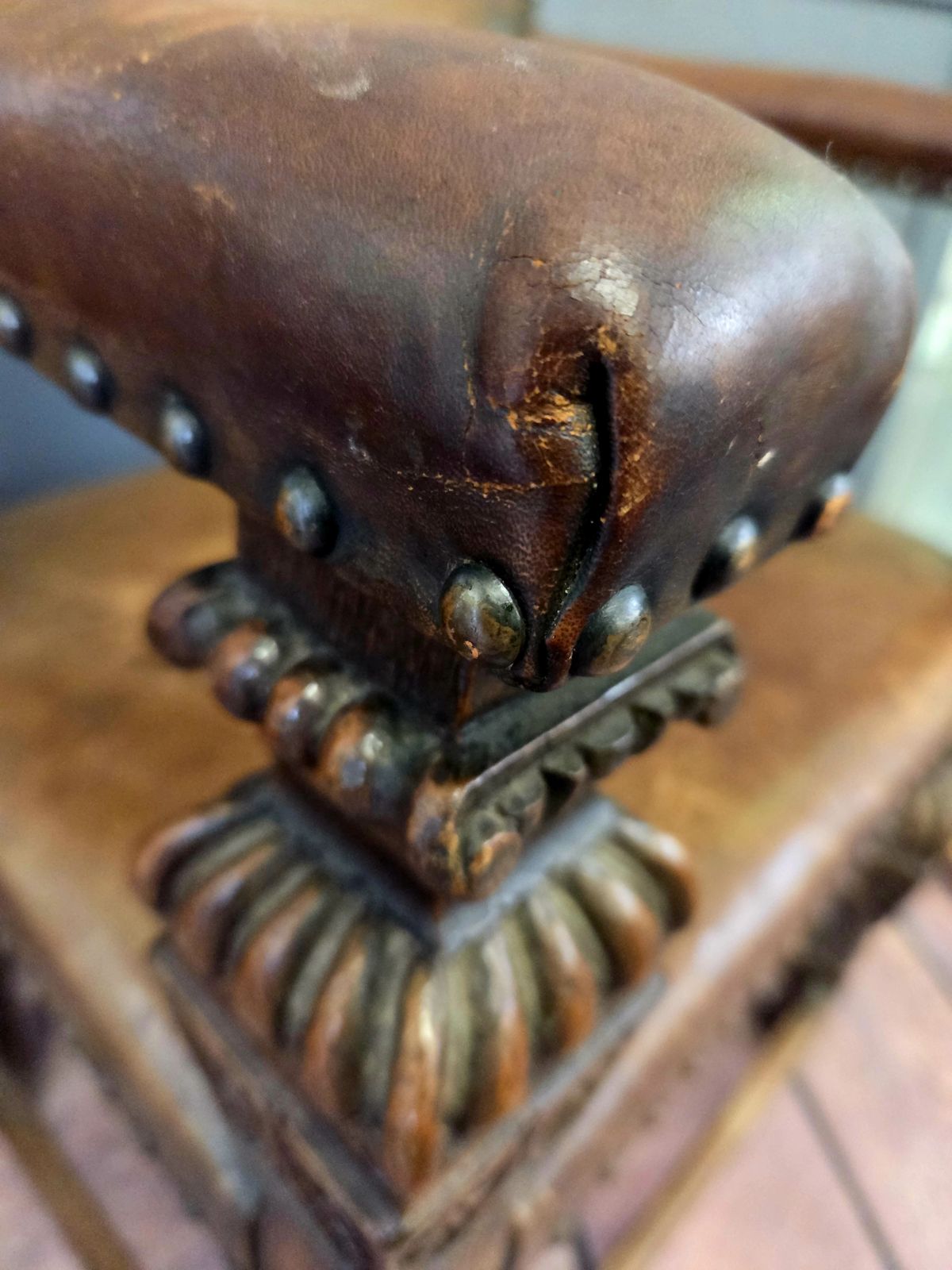 Pair Of Late 19th Century Jacobean Revival Carved Oak Armchairs With Original Studded Leather photo vintage