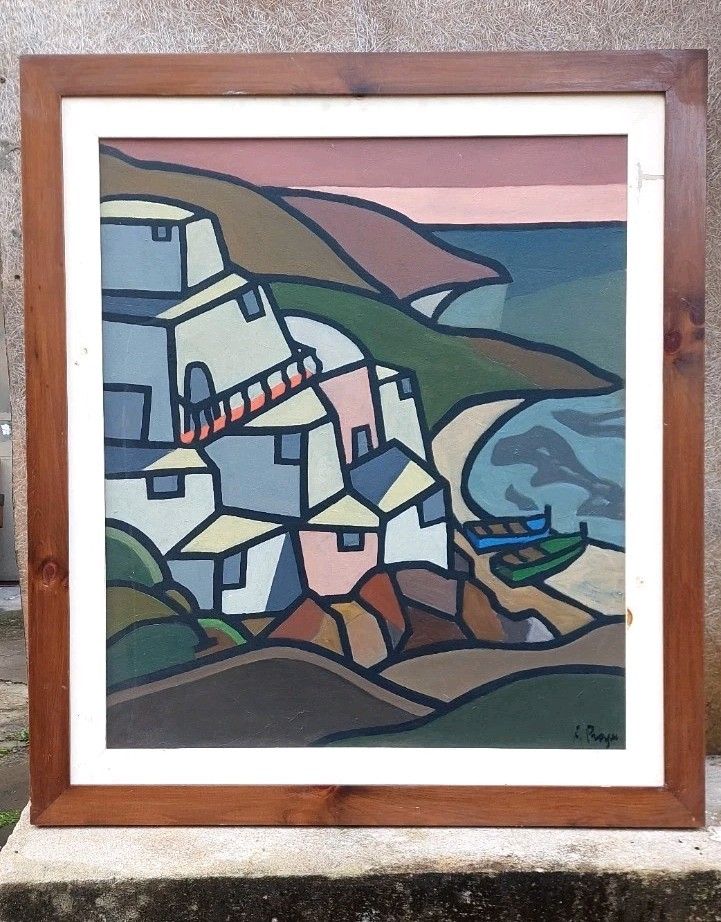 Oil Painting On Canvas "Fishermen's Houses" Frank Prayer (1924) 70 X 60 Cm photo Art