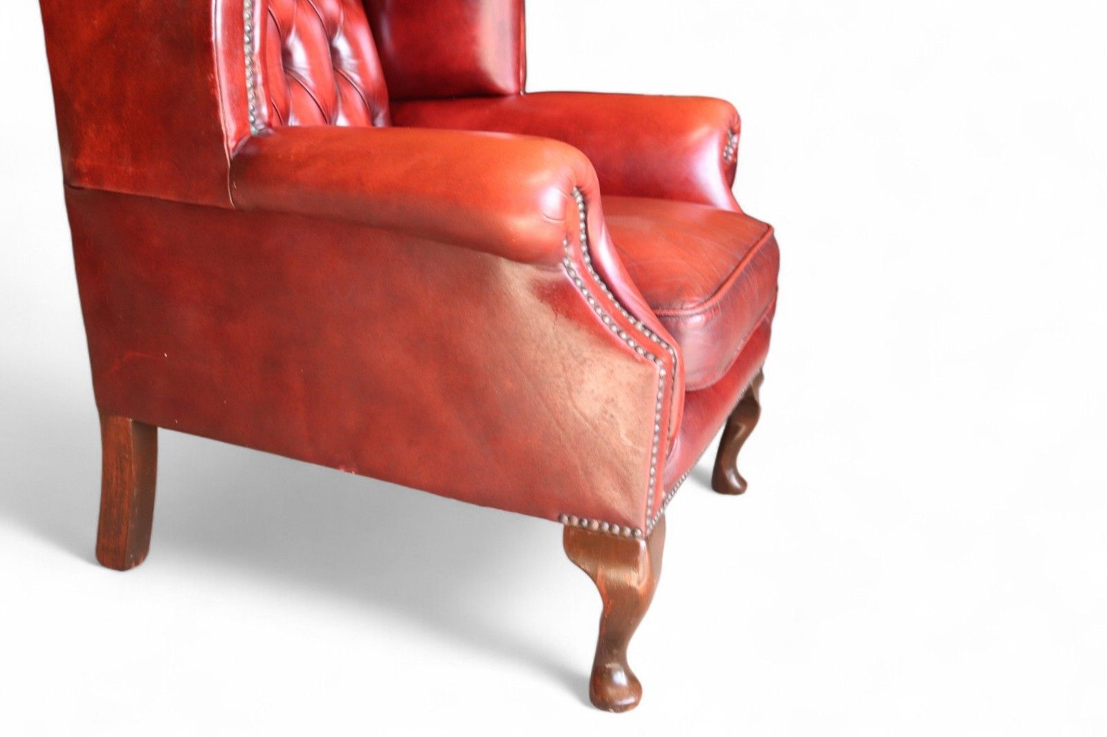 photo furniture Vintage Oxblood Red Leather Wingback Queen Anne Style  Chesterfield Armchair