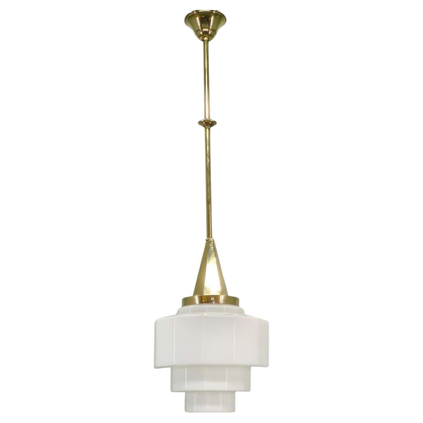 Art Deco Brass Pendant With Geometric Opaline Glass, Czechoslovakia 1930s