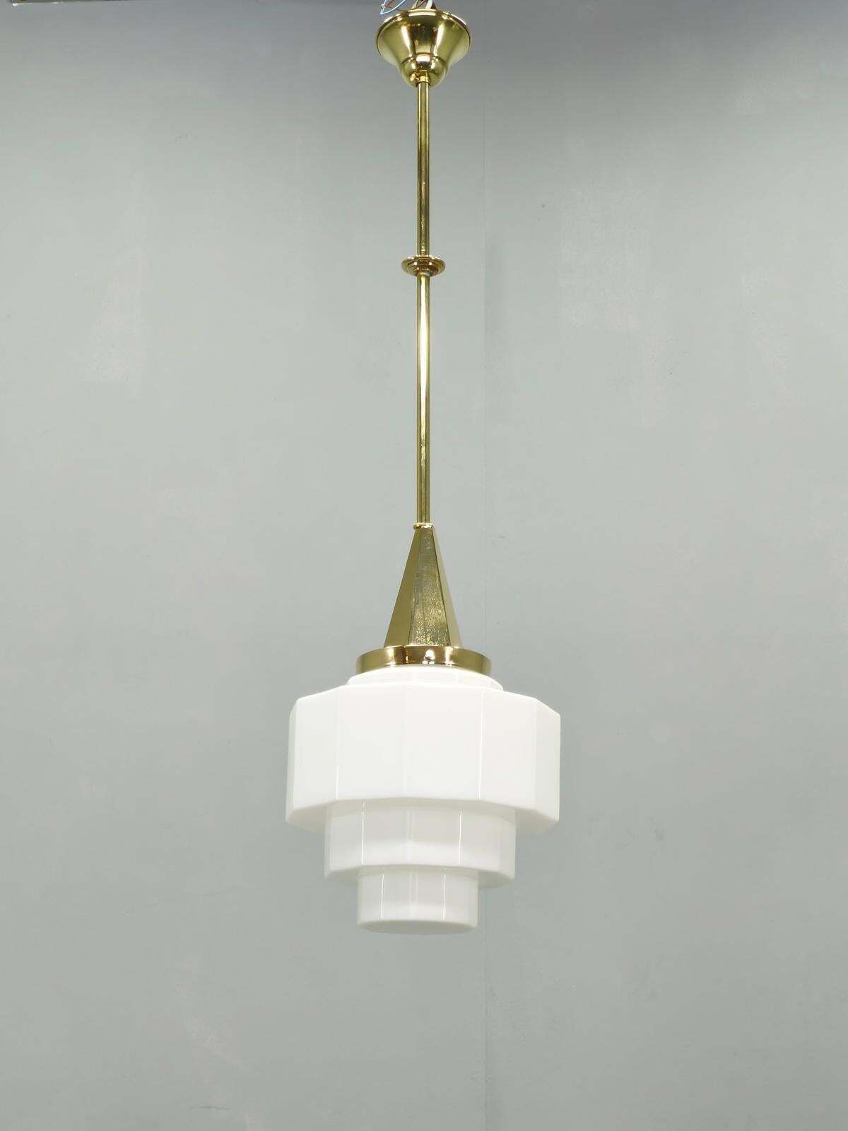 Art Deco Brass Pendant With Geometric Opaline Glass, Czechoslovakia 1930s photo Lighting