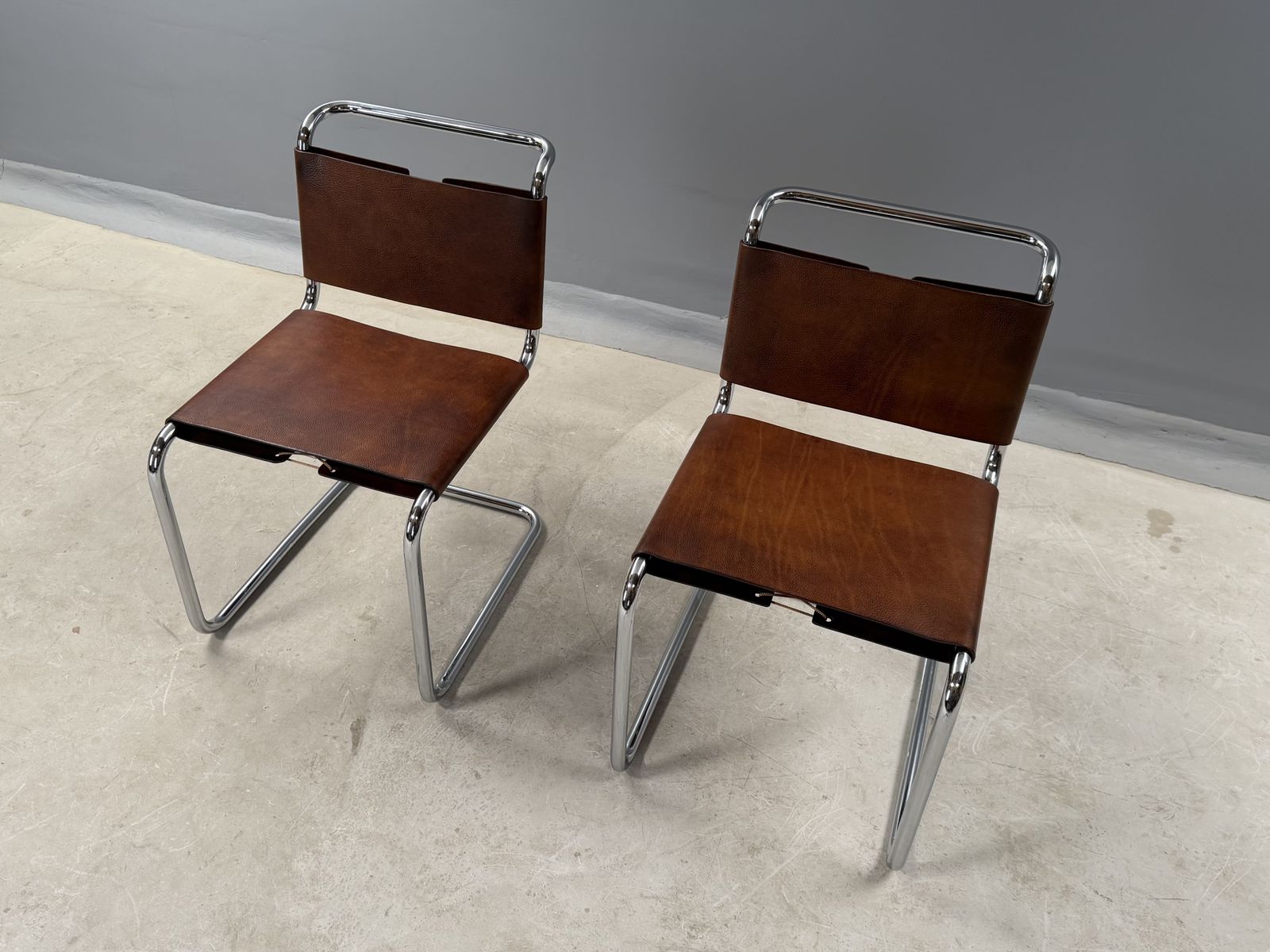 Furniture Pair Of Dining Or Side Or Hall Bauhaus Cantilever Chairs  Mart Stam S33 Style  Chrome & Saddle Leather photo
