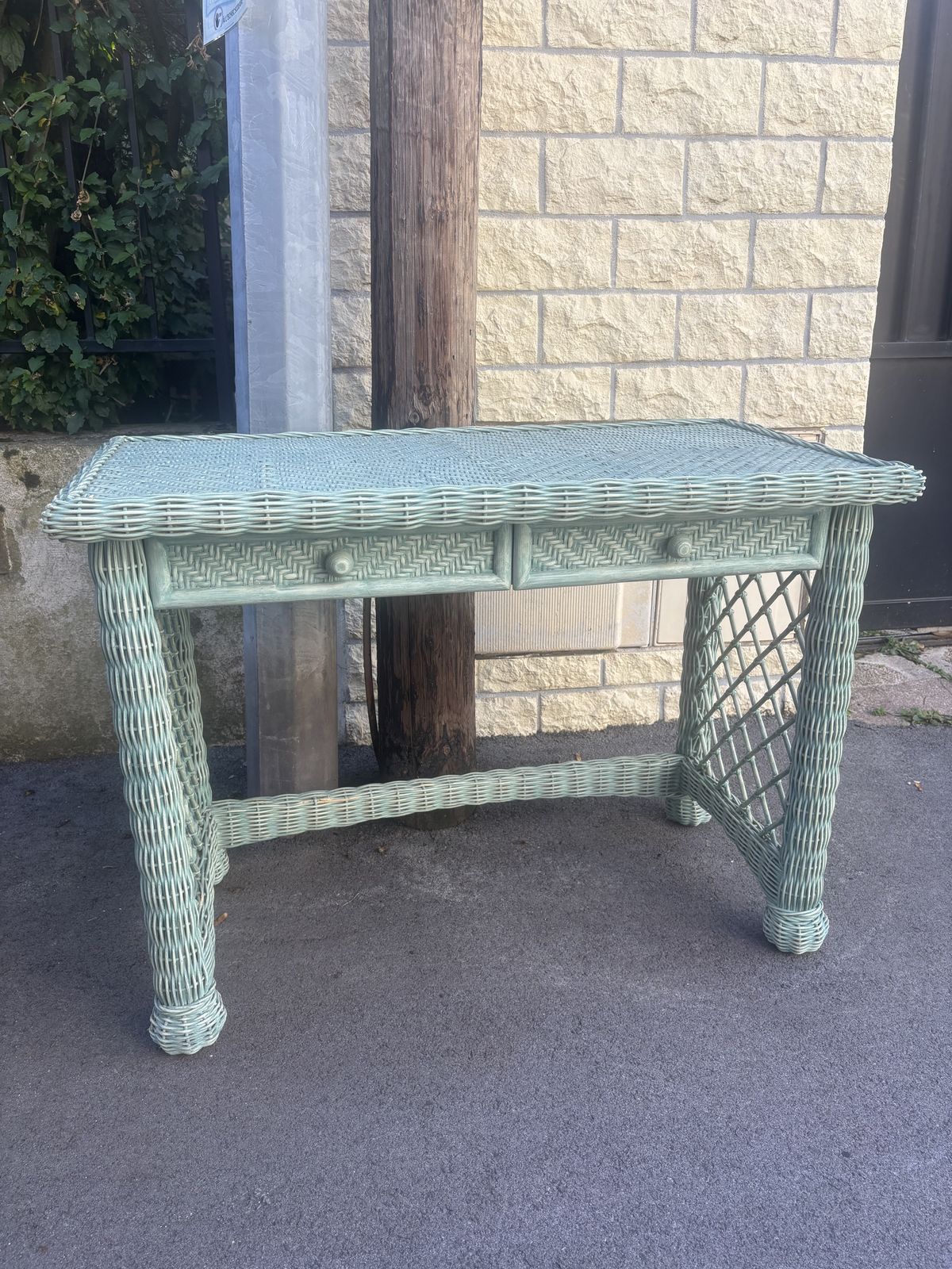 Vintage Italian Blue Wicker Desk And Chair