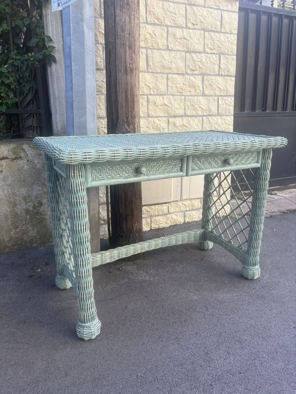 Vintage Italian Blue Wicker Desk And Chair photo furniture