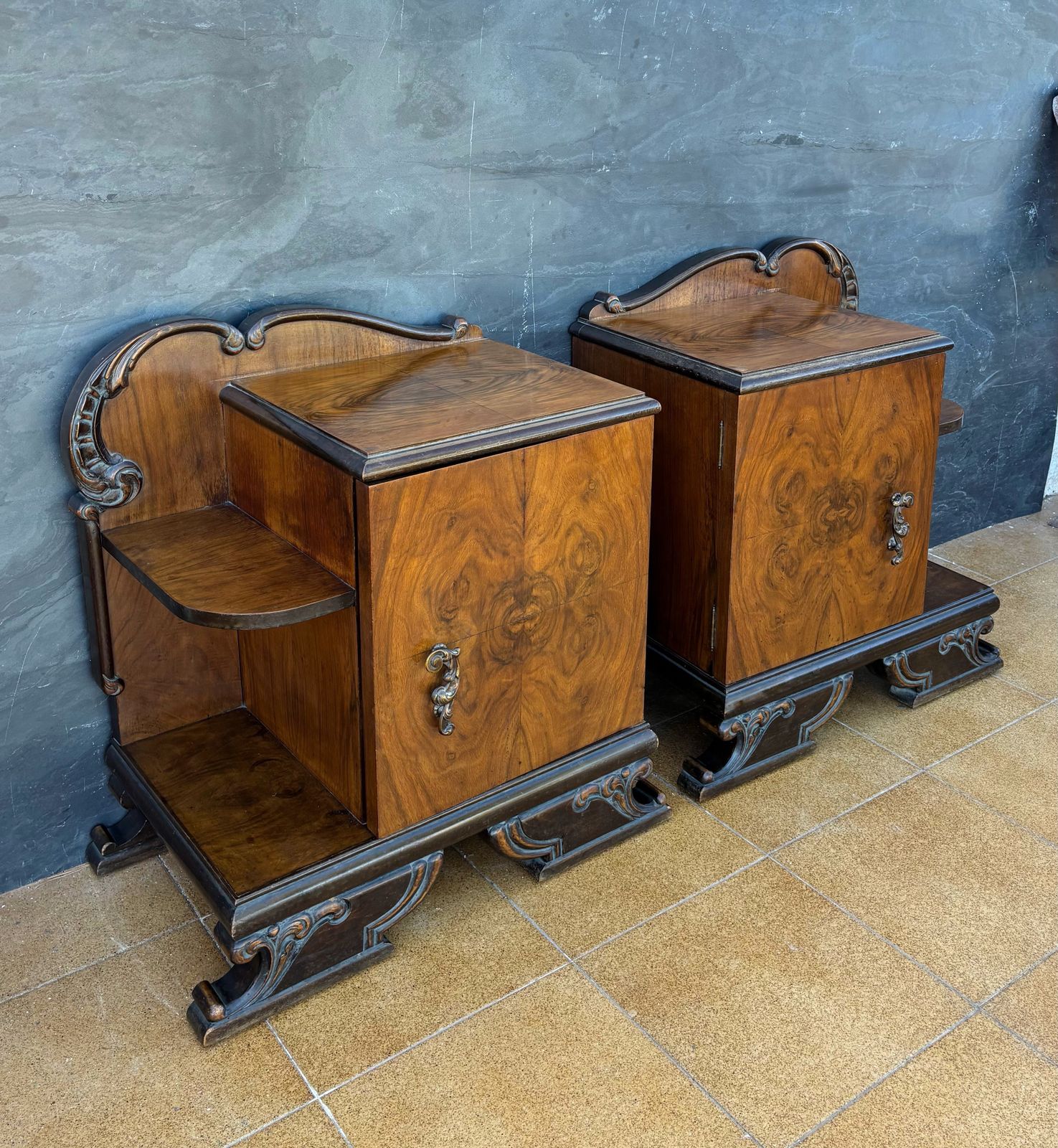 Pair Of Art Deco Walnut Bedside Nightstands, 1930s photo furniture