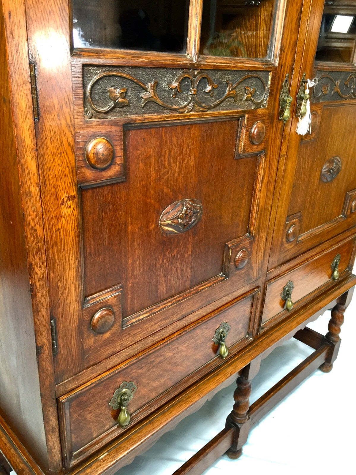Antique 1920s Oak Wooden Display Bookcase Cabinet With Glazed Doors Sideboard photo vinterior