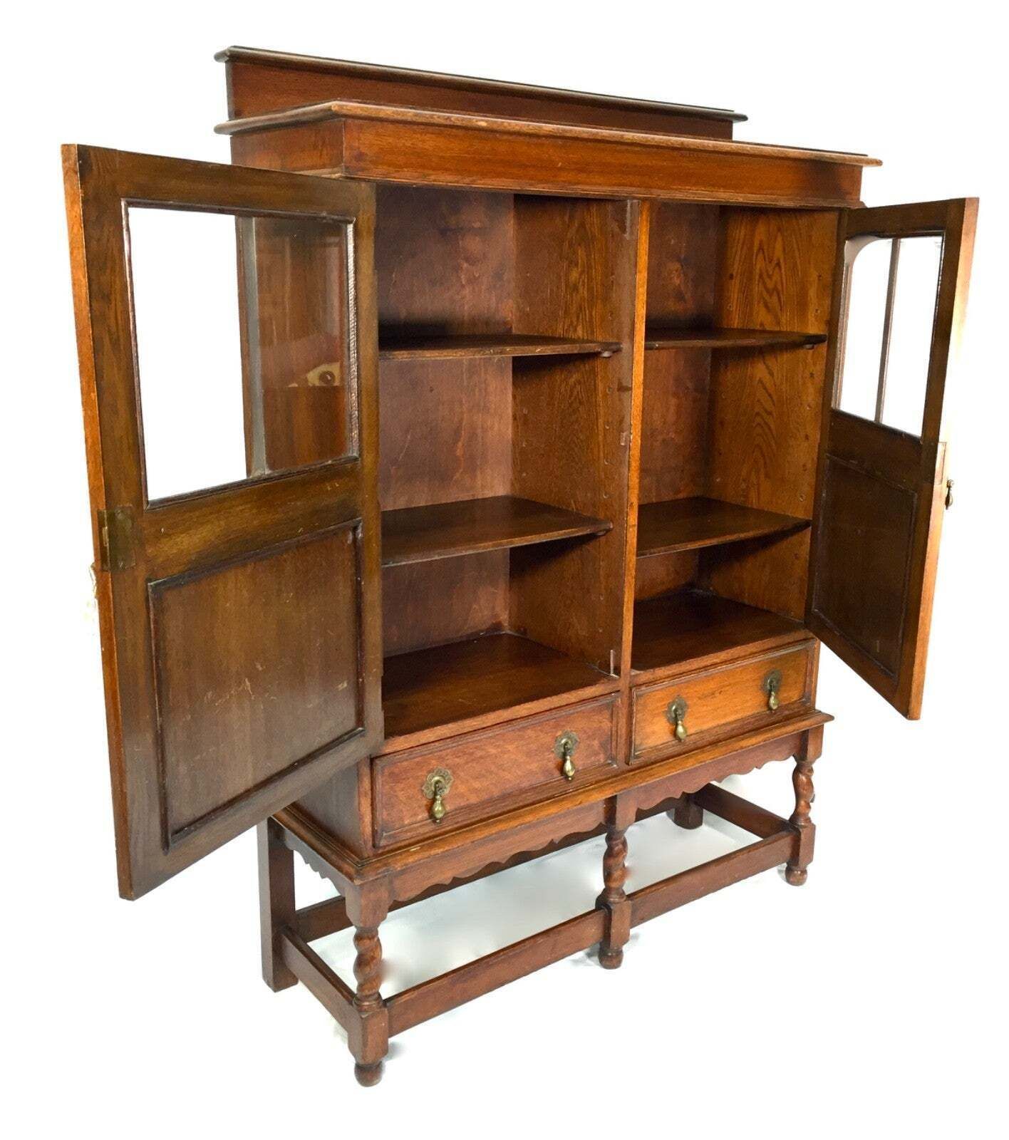 Antique 1920s Oak Wooden Display Bookcase Cabinet With Glazed Doors Sideboard photo vintage