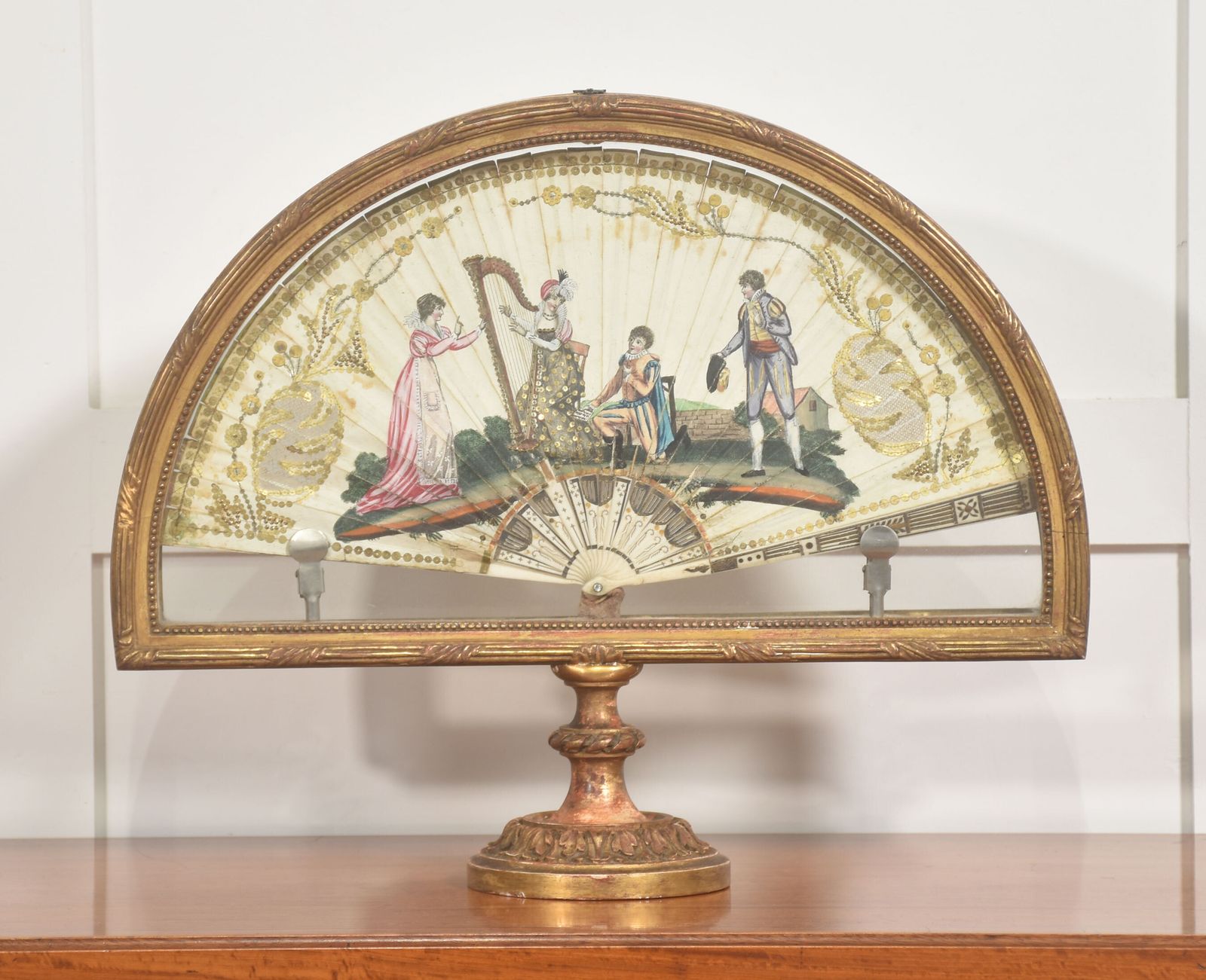 Gilt Wood Framed Decorative Fan With Pastoral Musical Scene
