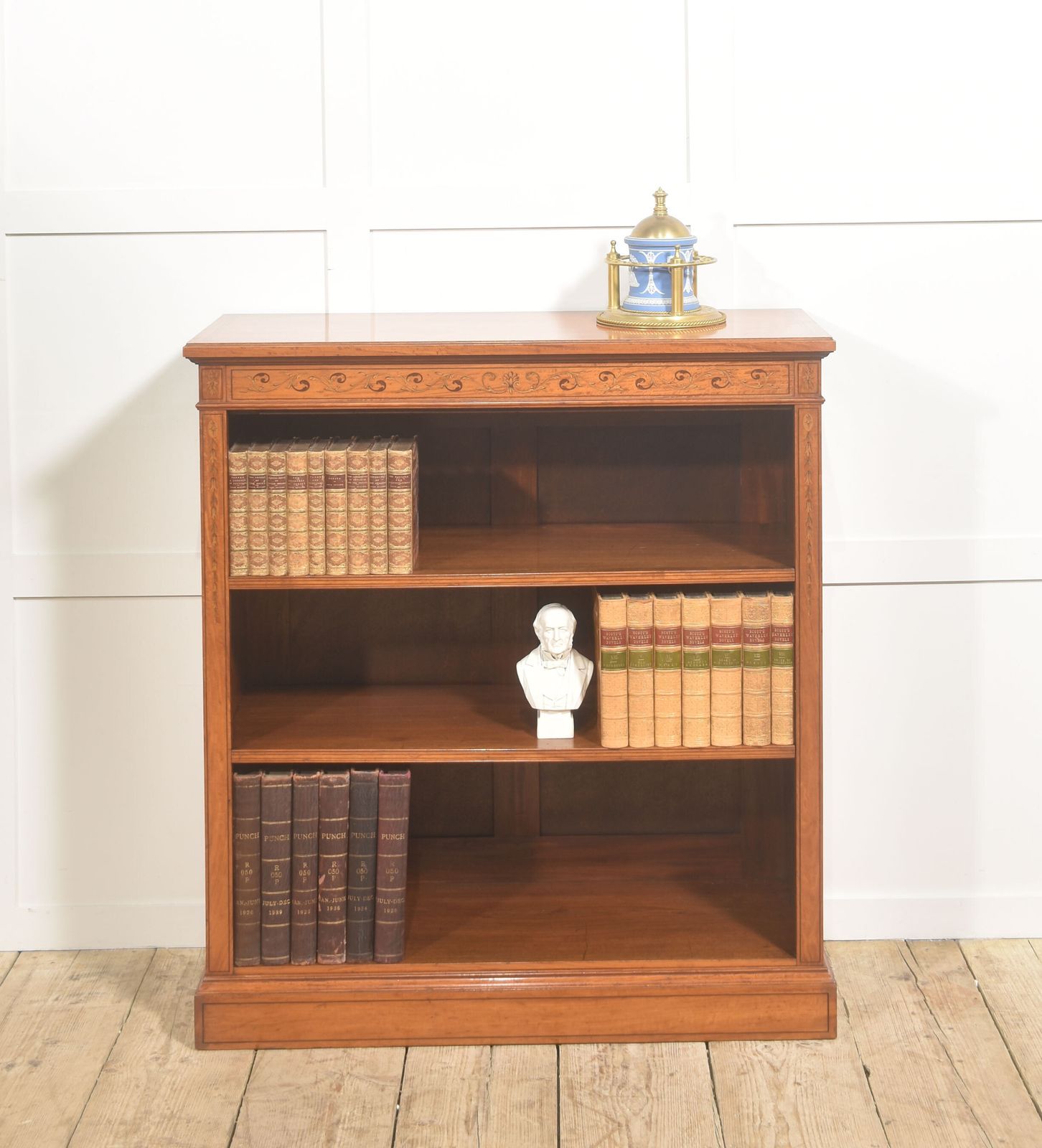 Satinwood Open Bookcase With Inlaid Frieze photo furniture