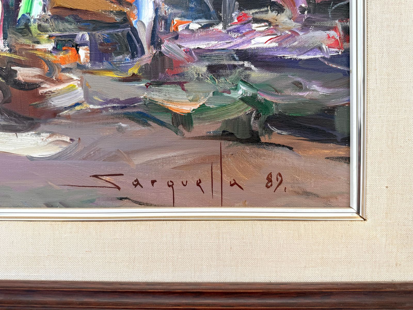 Josep Sarquella Escobet Mediterranean Village Market Scene Costa Brava Street Market Painting Oil Canvas 1989 photo for sale